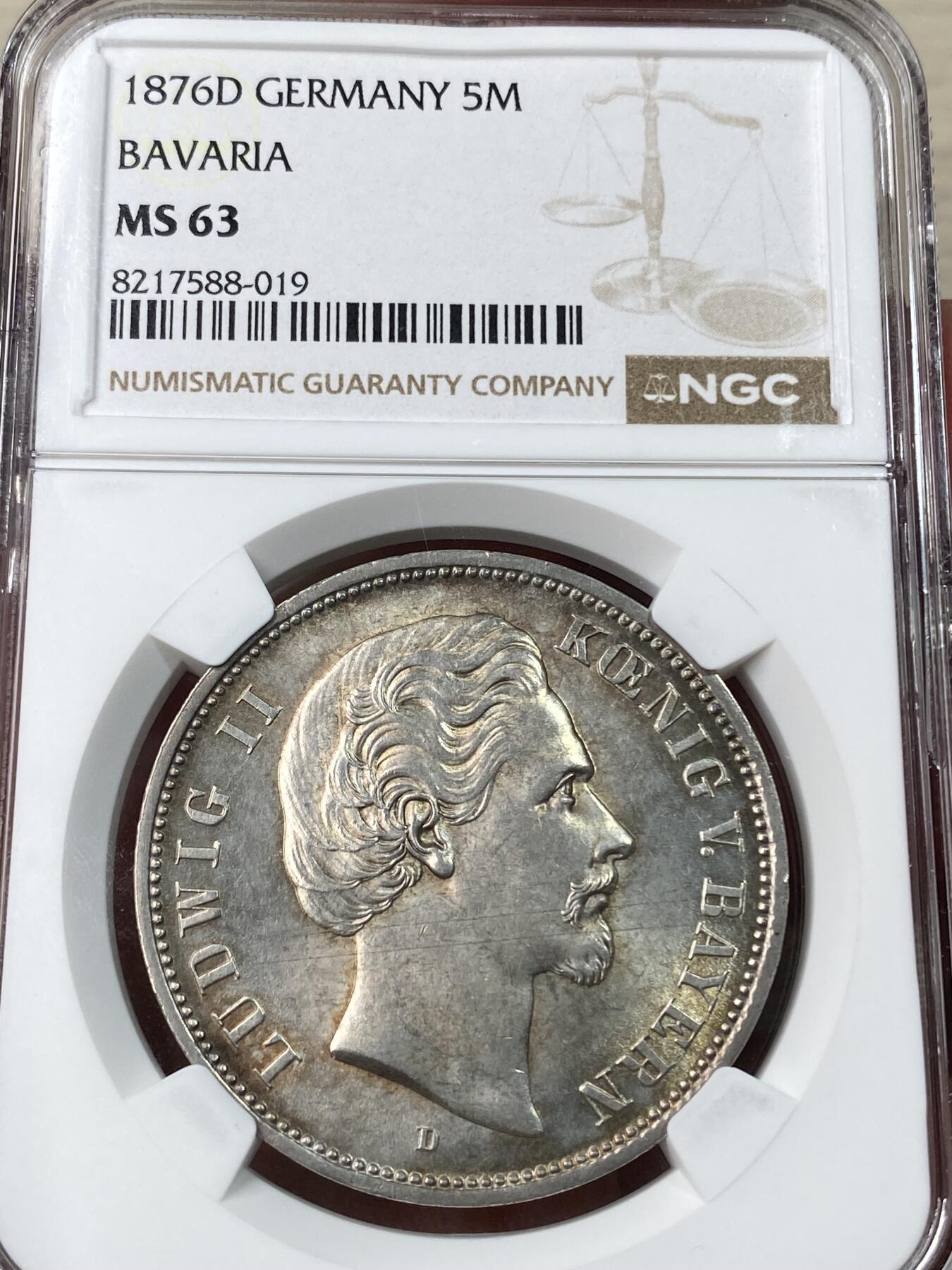 万国钱币拍卖第053期【万国秋季大拍下●周五周六两场连拍】 NGC MS63 1876年德国巴伐利亚路德维希二世流通短翅5马克 好品相当有难度的拜仁短翅主币 超强淡金色转光 一步到位的收藏级品相 刚刚结束的AW同分成交价已过万