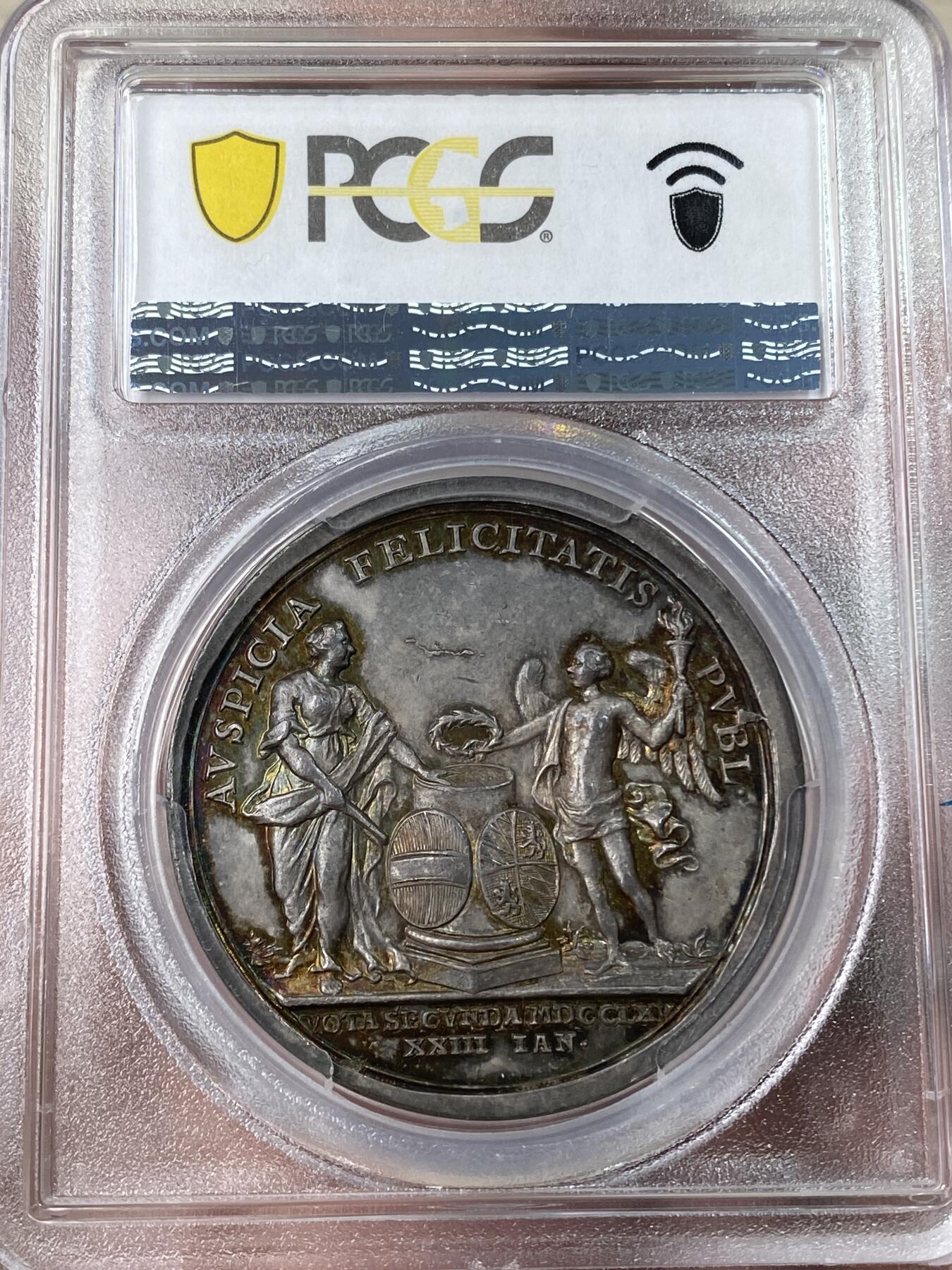 万国钱币拍卖第053期【万国秋季大拍上●周五周六两场连拍】 PCGS SP63 1765年巴伐利亚马克西米利安三世的皇妹约瑟夫与奥地利皇帝约瑟夫二世结婚纪念大银章 超罕见保存完美的18世纪帝国高浮雕结婚系列 无论是人物还是景观刻画都精细无比精美绝伦的艺术品