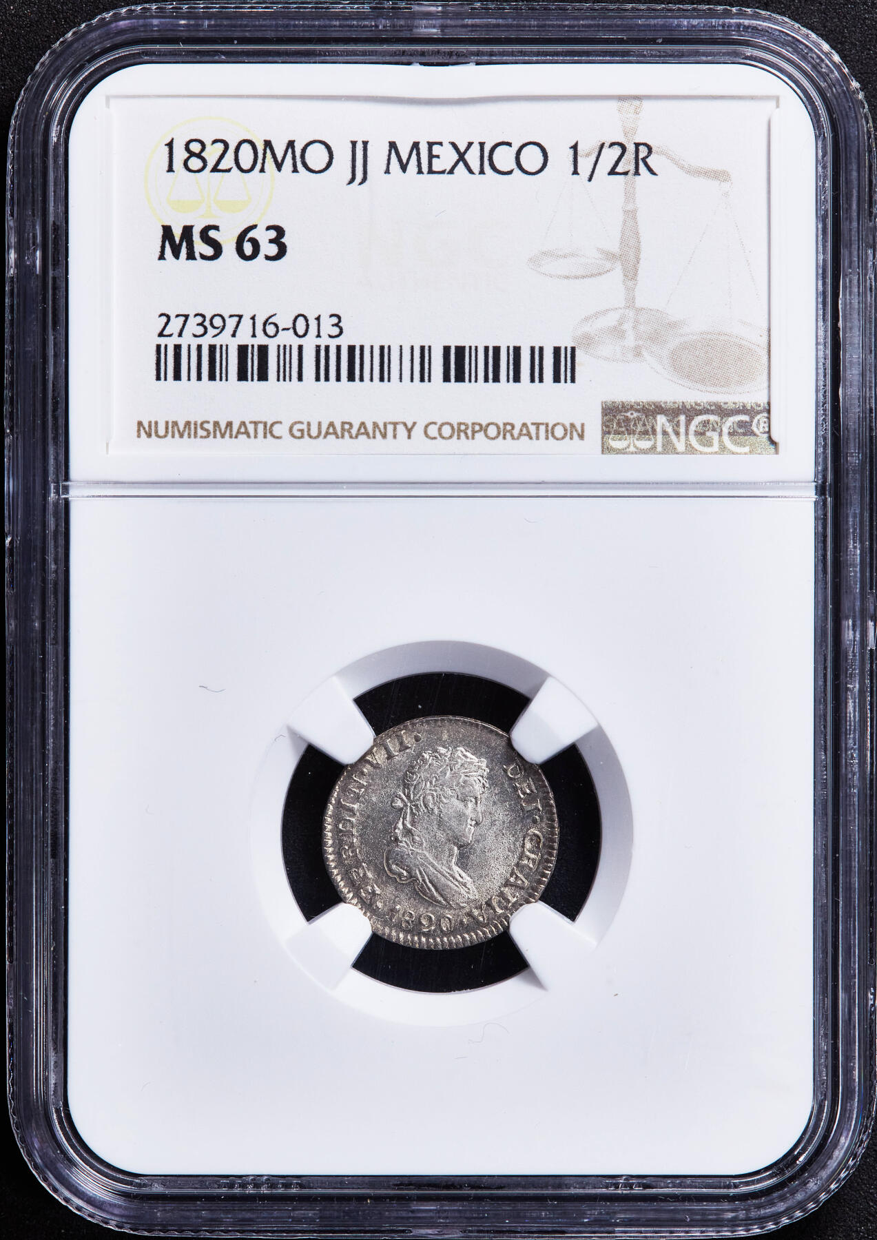 【俄甄集藏】2025年(044)11-12星期三晚 19:30 全场包邮 西属墨西哥1820年费尔南多七世JJ版1/2里亚尔双柱银币，NGC MS63，黄油彩，转光品相