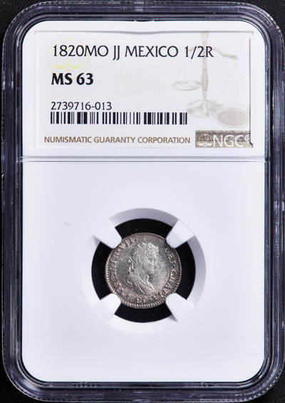 【俄甄集藏】2025年(044)11-12星期三晚 19:30 全场包邮 - 西属墨西哥1820年费尔南多七世JJ版1/2里亚尔双柱银币，NGC MS63，黄油彩，转光品相