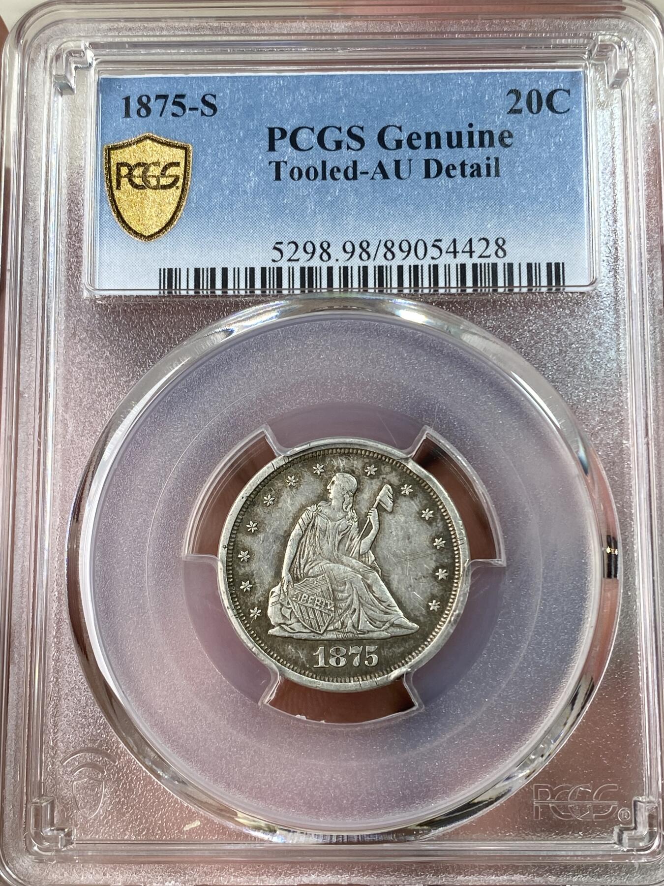 万国钱币拍卖第053期【万国秋季大拍上●周五周六两场连拍】 PCGS AUD 1875年美国女神拿旗20美分银币 