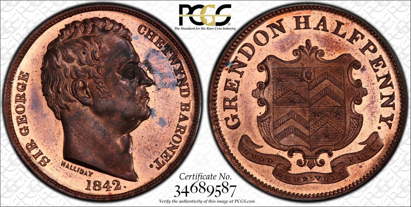 博洋堂世界钱币拍卖第143期（全场包邮） PCGS MS64RB 英国1842年乔治切特温特爵士1/2便士token铜币 PCGS冠军分，封面广告币，双面类精制镜面，镜面刺眼，2019/6/30 ￥1236.67 Heritage Auctions