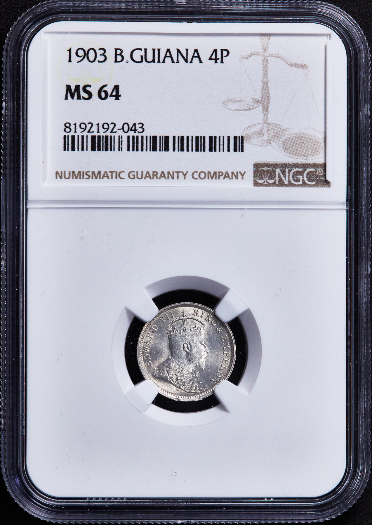 【俄甄集藏】2025年(044)11-12星期三晚 19:30 全场包邮 英属圭亚那1903年爱德华七世4便士银币，NGC MS64，深打转光，经典品种