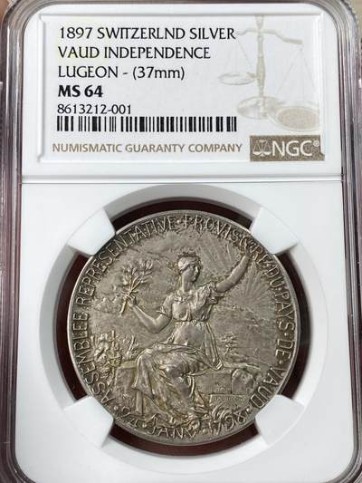 万国钱币拍卖第053期【万国秋季大拍上●周五周六两场连拍】 - NGC MS64 1897年瑞士联邦纪念沃州独立100周年纪念大银章 沃州女神献上祝福 设计繁复美丽 原味欧洲淡彩