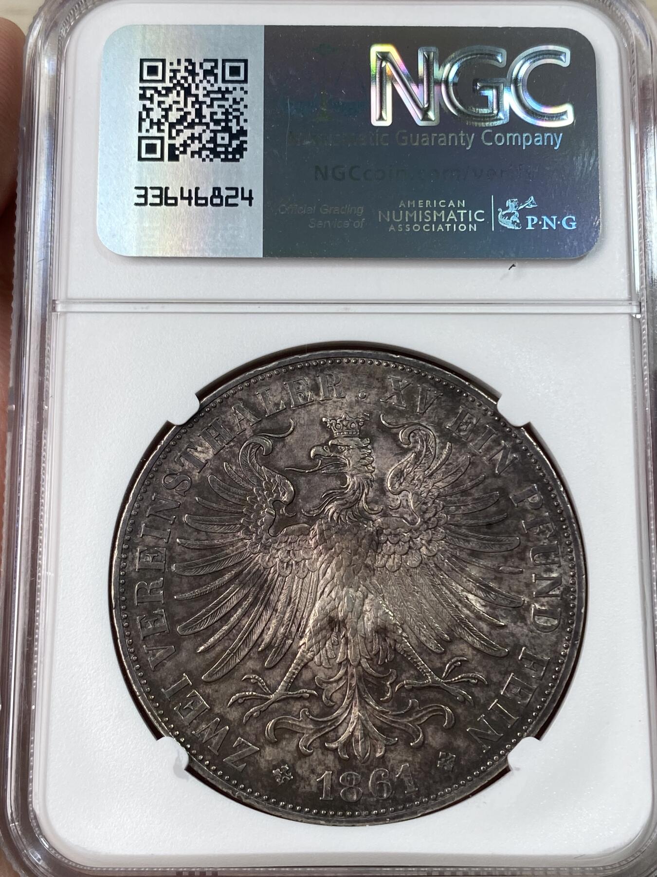 万国钱币拍卖第053期【万国秋季大拍上●周五周六两场连拍】 NGC AU58 1861年德国法兰克福少女流通2泰勒 经典法兰城少女2T 欧陆深五彩