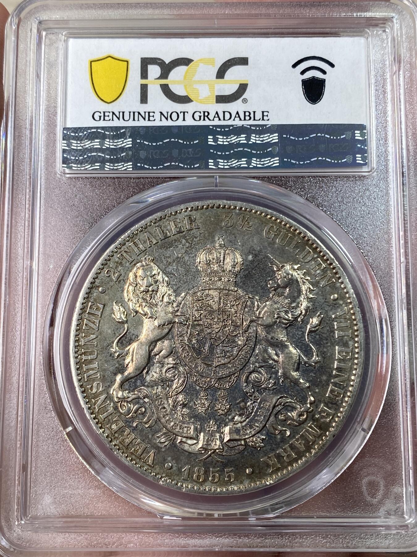 万国钱币拍卖第053期【万国秋季大拍上●周五周六两场连拍】 PCGS UNCD 1855年汉诺威狮马流通2泰勒 早期少见年份酱彩