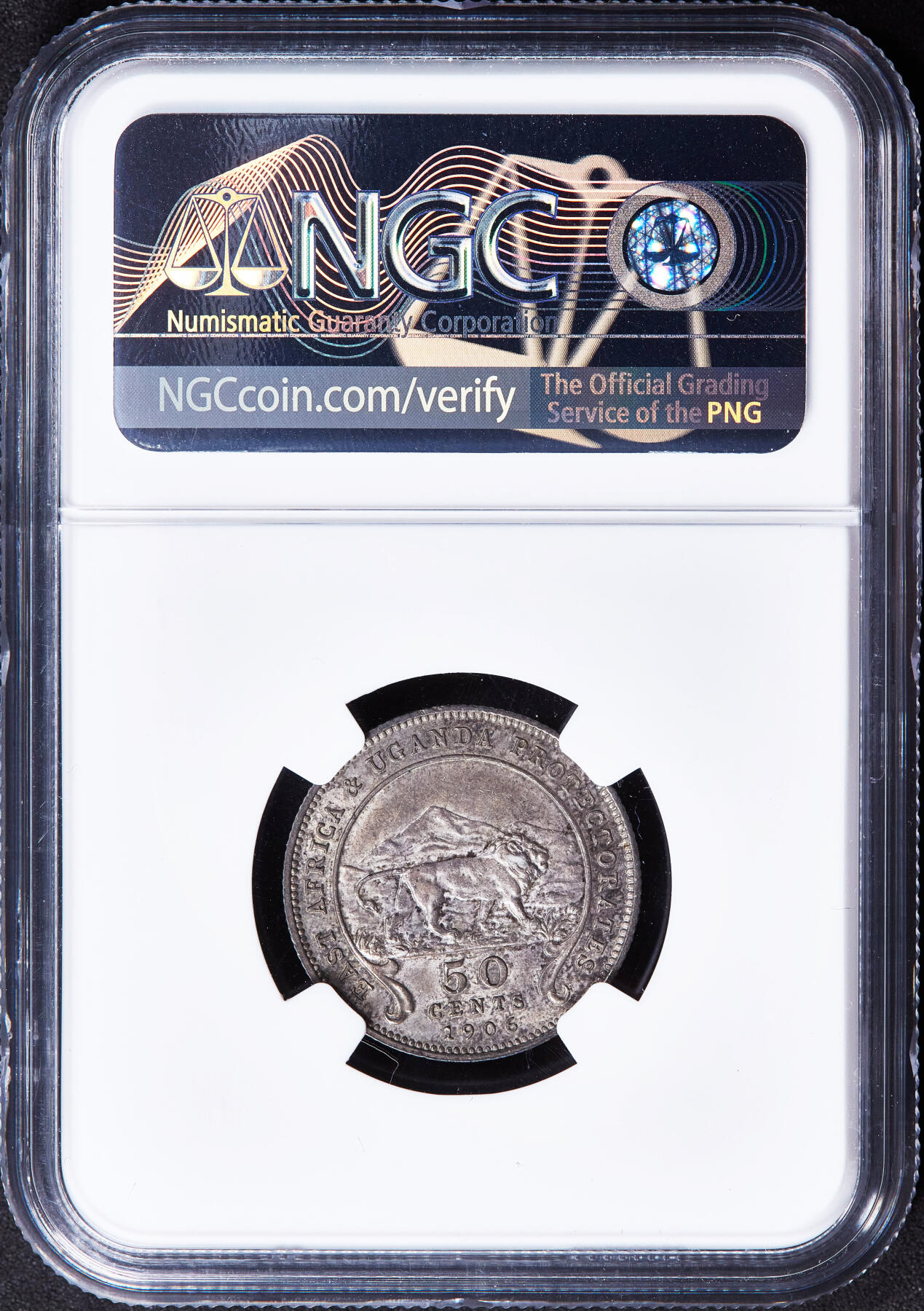 【俄甄集藏】2025年(044)11-12星期三晚 19:30 全场包邮 英属东非殖民地1906年爱德华七世50分银币，NGC AU58，原味包浆，细节犀利