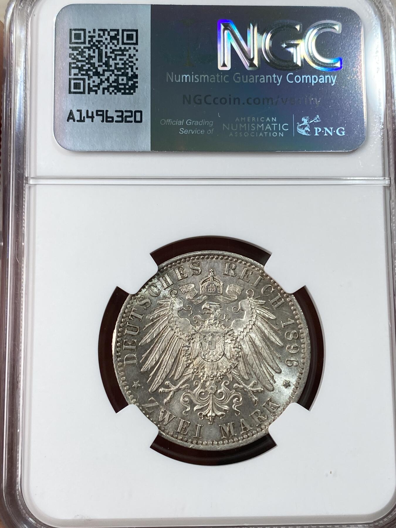 万国钱币拍卖第053期【万国秋季大拍上●周五周六两场连拍】 NGC MS64 1896年德国安哈尔特-德邵长翅2马克 高难小邦品种 仅单年发行 原光原味顶级品相