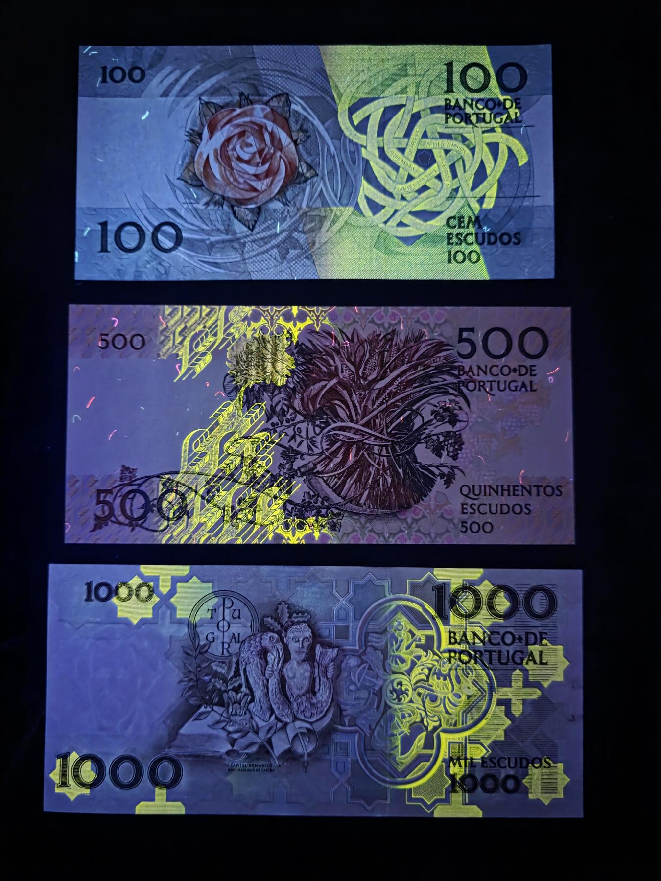 叁拾收藏第32期 葡萄牙倒二版3张（100/500/1000埃斯库多）  UNC