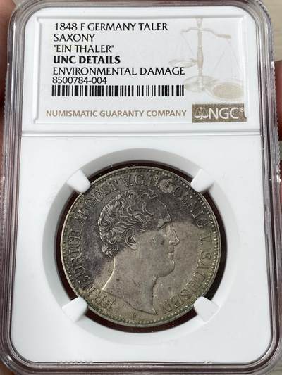 万国钱币拍卖第053期【万国秋季大拍下●周五周六两场连拍】 - NGC UNCD 1848年德国萨克森奥古斯特五世大窗帘流通1泰勒 早期大规格协议泰勒 欧洲革命恐慌年 原味月牙包浆 