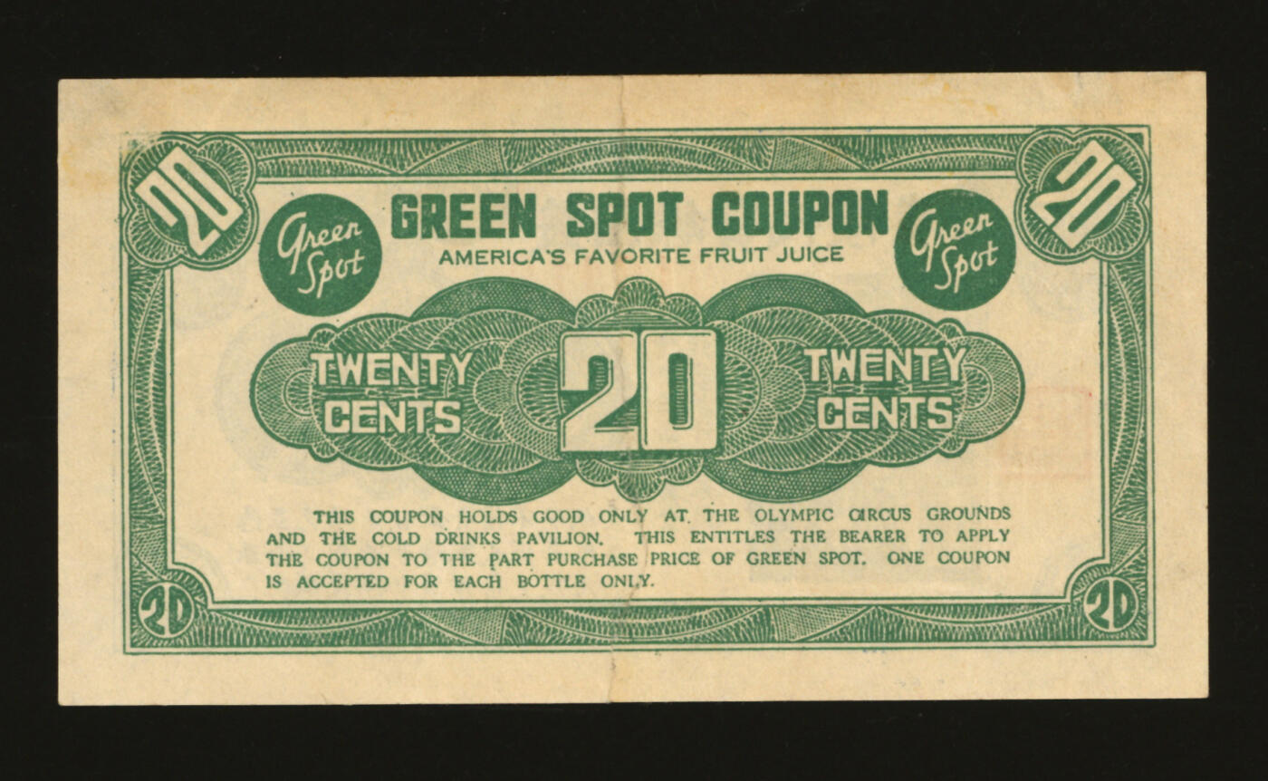 泓盛2025年秋季拍卖会 纸币 民国廿九年（1940年）美国绿宝代价券贰角，此券在“亚令配克马戏场”内兑换，上印该公司果汁凝聚机照片，兼作广告，此公司至今仍生产橙汁汽水，已历时九十年，在香港及东南亚上市销售，图文清晰，原汁原味，断裂七成新编者按：绿宝创建于1934年的加利福尼亚克莱蒙特市。1938年即已进入上海，1950年，绿宝从上海撤退，登陆香港。八十年代成为香港最畅销的汽水。