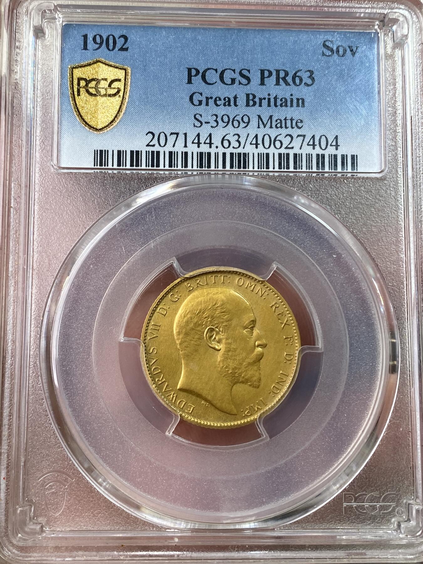 万国钱币拍卖第053期【万国秋季大拍上●周五周六两场连拍】 PCGS PR63 1902年英国爱德华七世1索维林金币 精制MATTE磨砂工艺 发行量仅15000枚 7.99g 917金