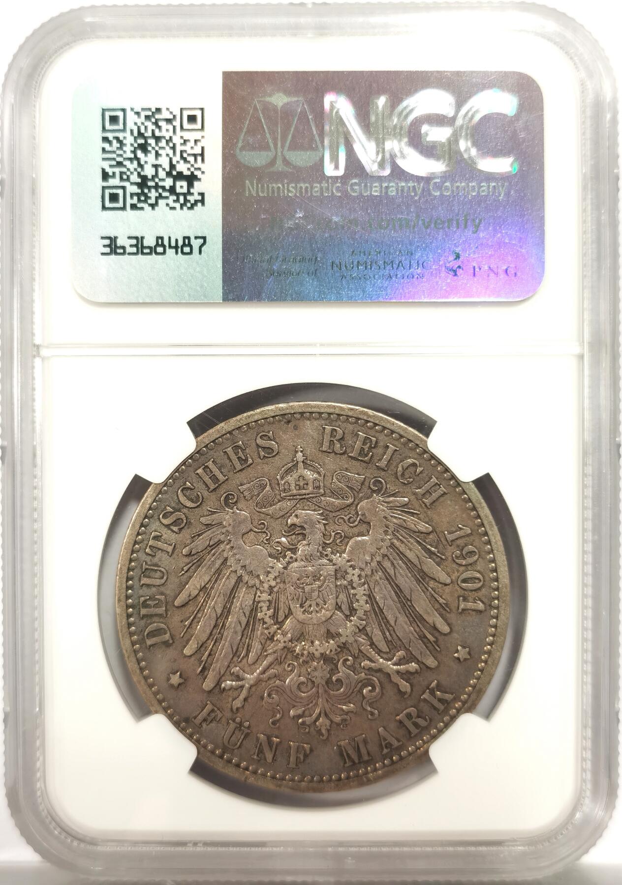 博洋堂世界钱币拍卖第143期（全场包邮） NGC VF35 德国普鲁士1901年A版威廉二世5马克银币