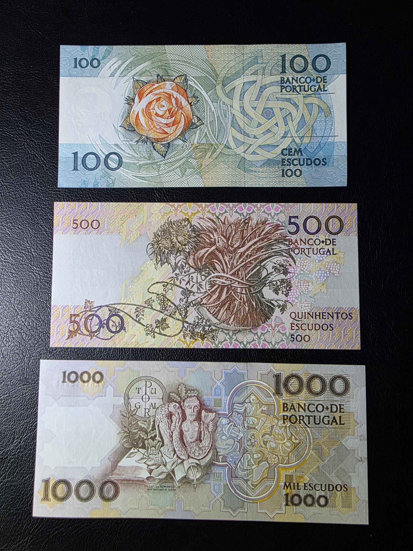叁拾收藏第32期 葡萄牙倒二版3张（100/500/1000埃斯库多）  UNC