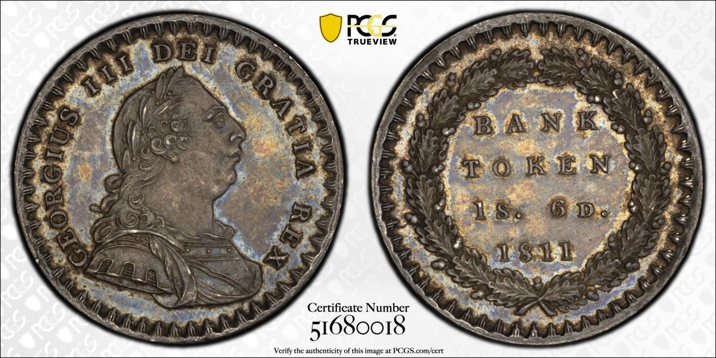 博洋堂世界钱币拍卖第143期（全场包邮） PCGS MS63 英国1811年乔治三世英格兰银行18便士（1先令6便士），五彩包浆，名家旧藏