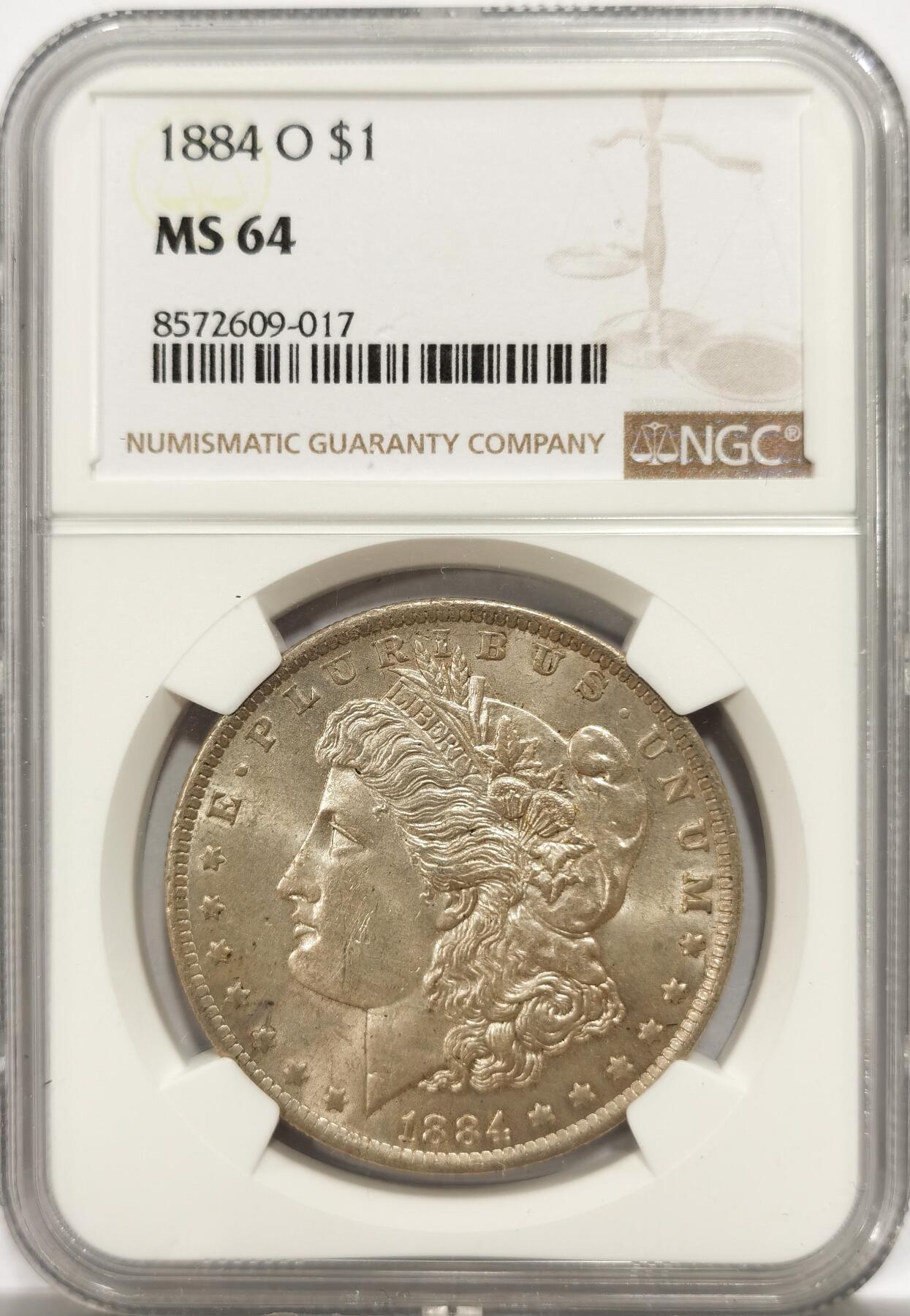 博洋堂世界钱币拍卖第143期（全场包邮） NGC MS64 美国1884-O摩根女神大银元，双面性感淡黄油彩包浆，双面车轮转光，底板清爽干净，字口全深打，摩根女神发丝根根缕缕分明清晰，白头海雕胸毛爆满，翅膀细节犀利割手，品相状态总体在线！