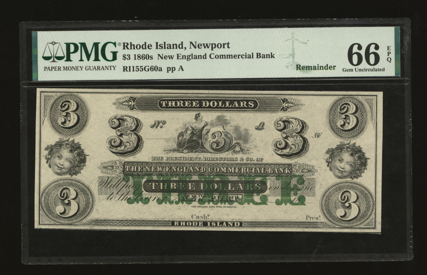 泓盛2025年秋季拍卖会 纸币 美国1860年新英格兰商业银行3美元，罗得岛州纽波特地名，未完成券，纸张白净，纹理清晰，色彩浓郁纯正，全新（亚军分、PMG-66EPQ/2269634-007）