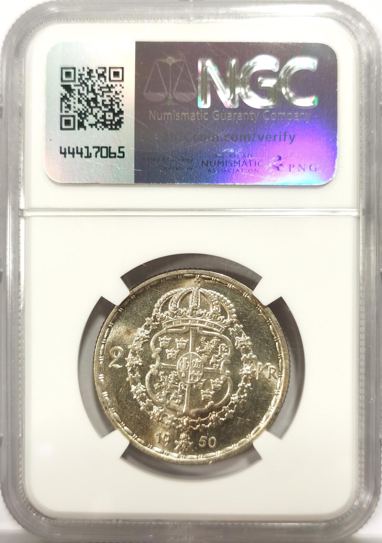 博洋堂世界钱币拍卖第143期（全场包邮） NGC MS64 瑞典1950/1年古斯塔夫五世2克朗银币，骑字版