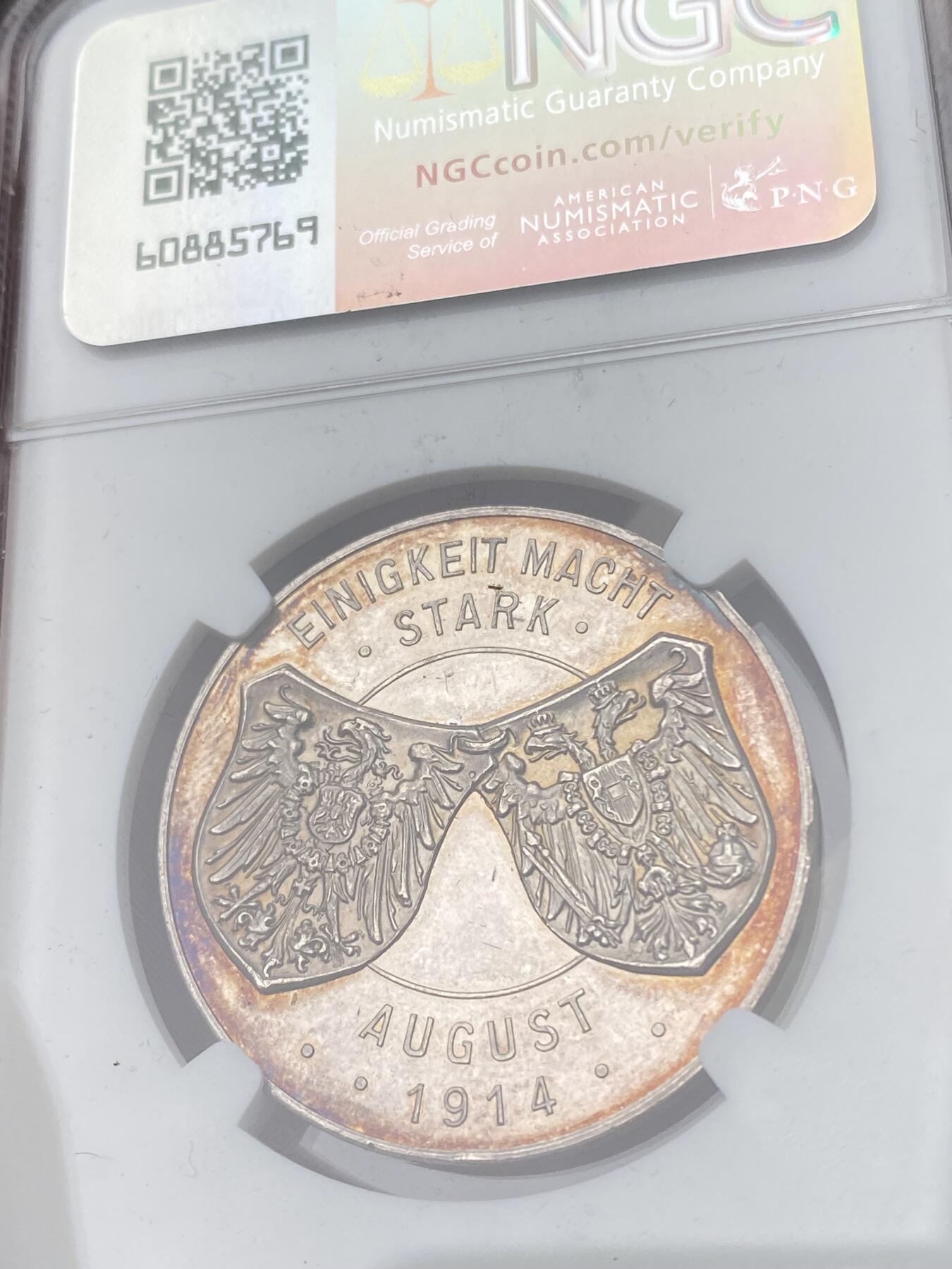 万国钱币拍卖第053期【万国秋季大拍下●周五周六两场连拍】 NGC MS64PL 1914年德国威廉二世与奥地利佛朗茨一世一战同盟纪念大银章 PROOFLIKE镜面精铸 玫瑰红包浆包裹着完全镜面和高喷砂度的高点 33mm 18g