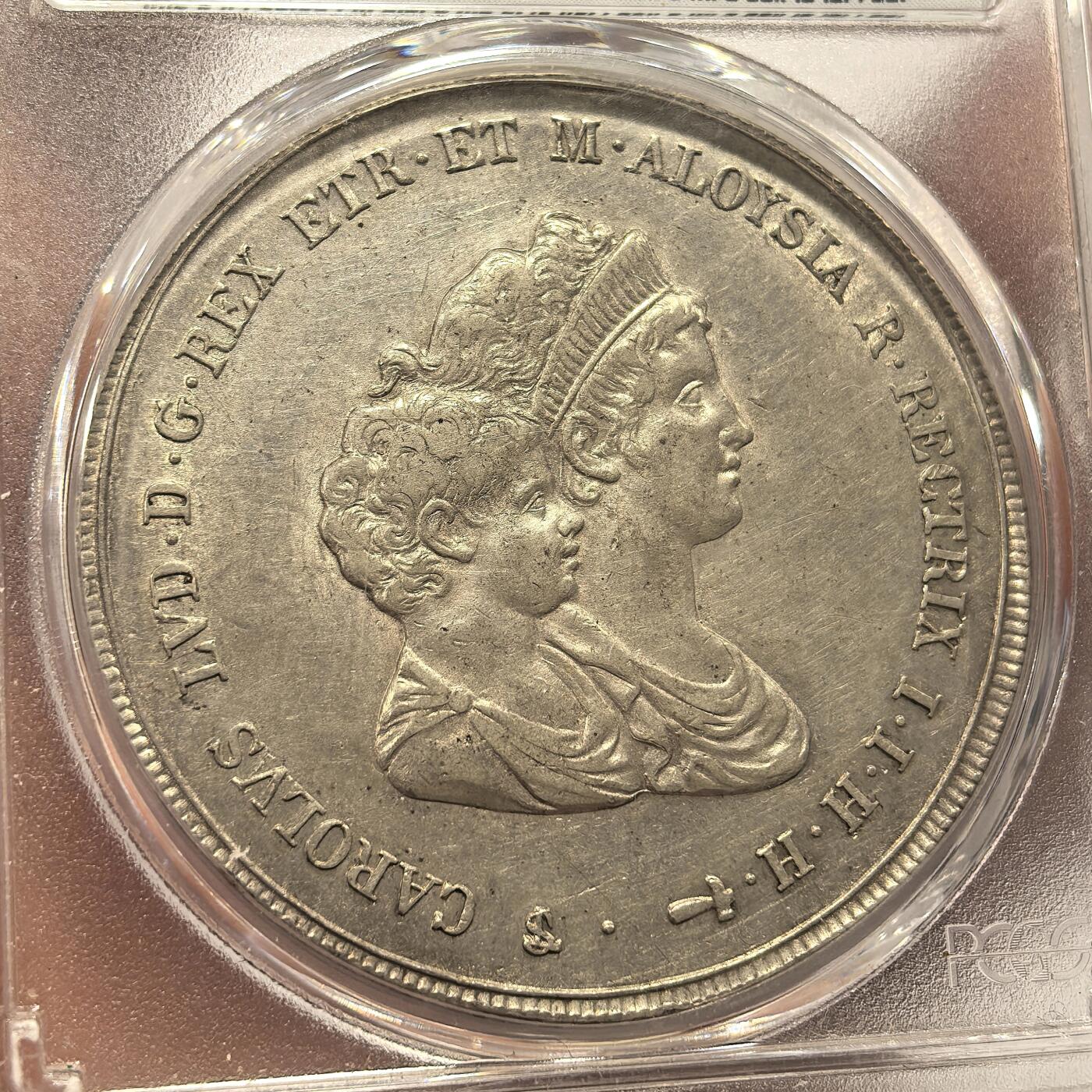 博洋堂世界钱币拍卖第143期（全场包邮） PCGS AU 意大利托斯卡纳1807年玛利亚路易莎母子10里拉大银币，状态一流