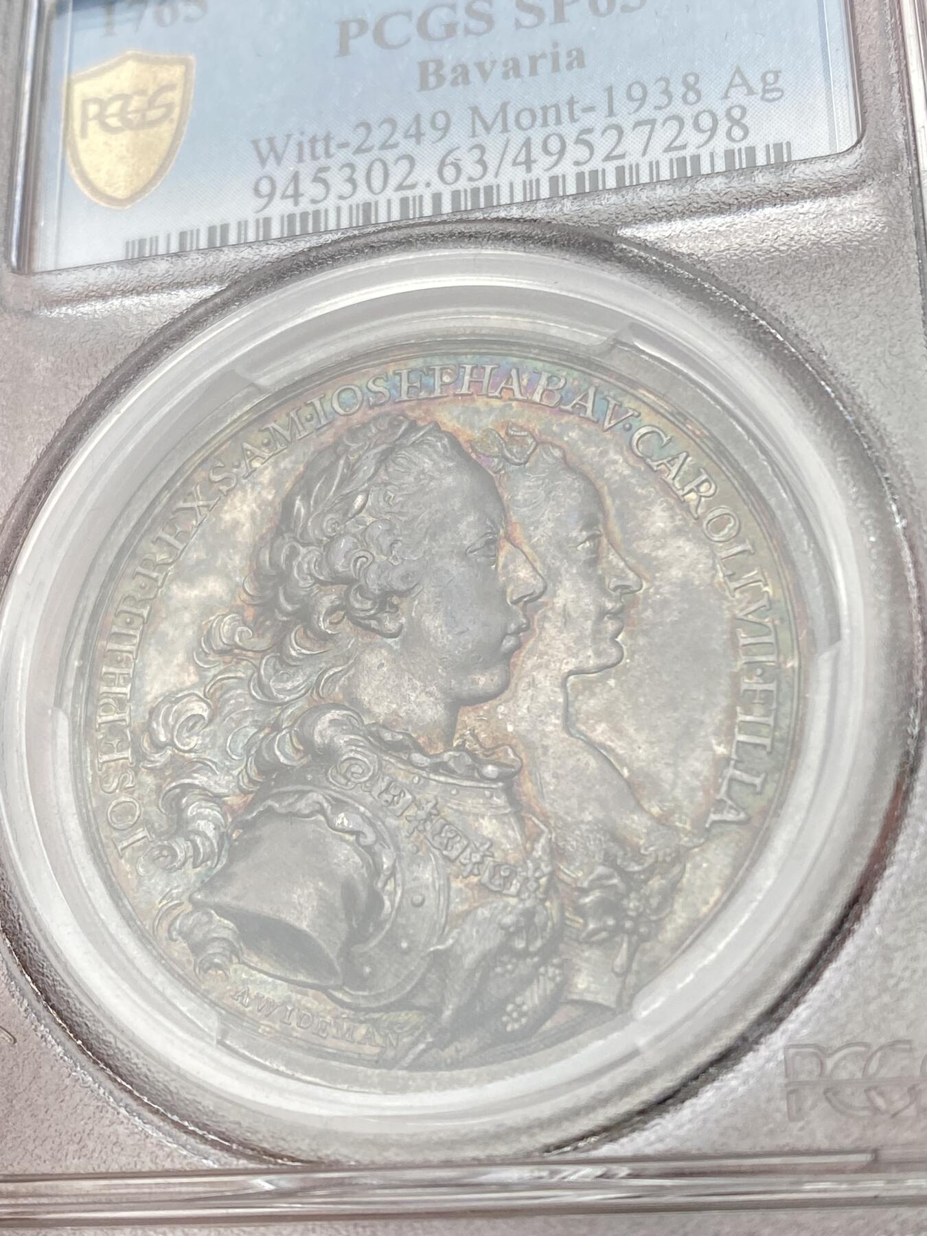 万国钱币拍卖第053期【万国秋季大拍上●周五周六两场连拍】 PCGS SP63 1765年巴伐利亚马克西米利安三世的皇妹约瑟夫与奥地利皇帝约瑟夫二世结婚纪念大银章 超罕见保存完美的18世纪帝国高浮雕结婚系列 无论是人物还是景观刻画都精细无比精美绝伦的艺术品