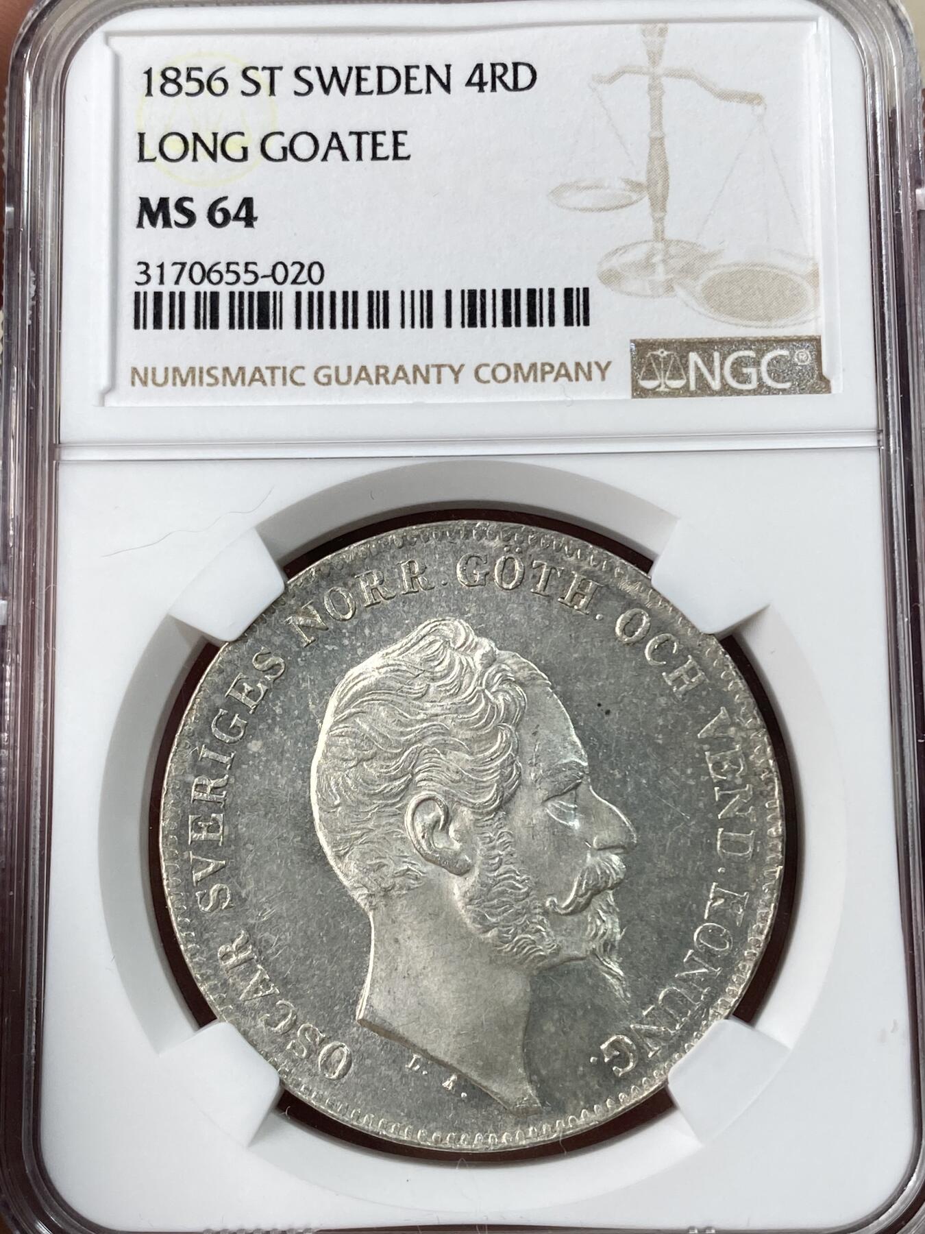 万国钱币拍卖第053期【万国秋季大拍上●周五周六两场连拍】 NGC MS64 1856年瑞典奥斯卡一世4RD大银 斯德哥尔摩造币厂铸 罕见北欧大银 银霜转光类镜面质感