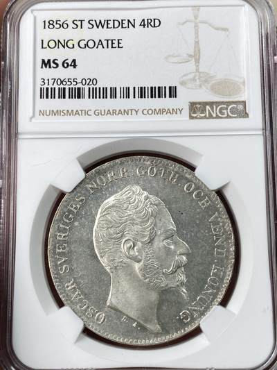 万国钱币拍卖第053期【万国秋季大拍上●周五周六两场连拍】 - NGC MS64 1856年瑞典奥斯卡一世4RD大银 斯德哥尔摩造币厂铸 罕见北欧大银 银霜转光类镜面质感