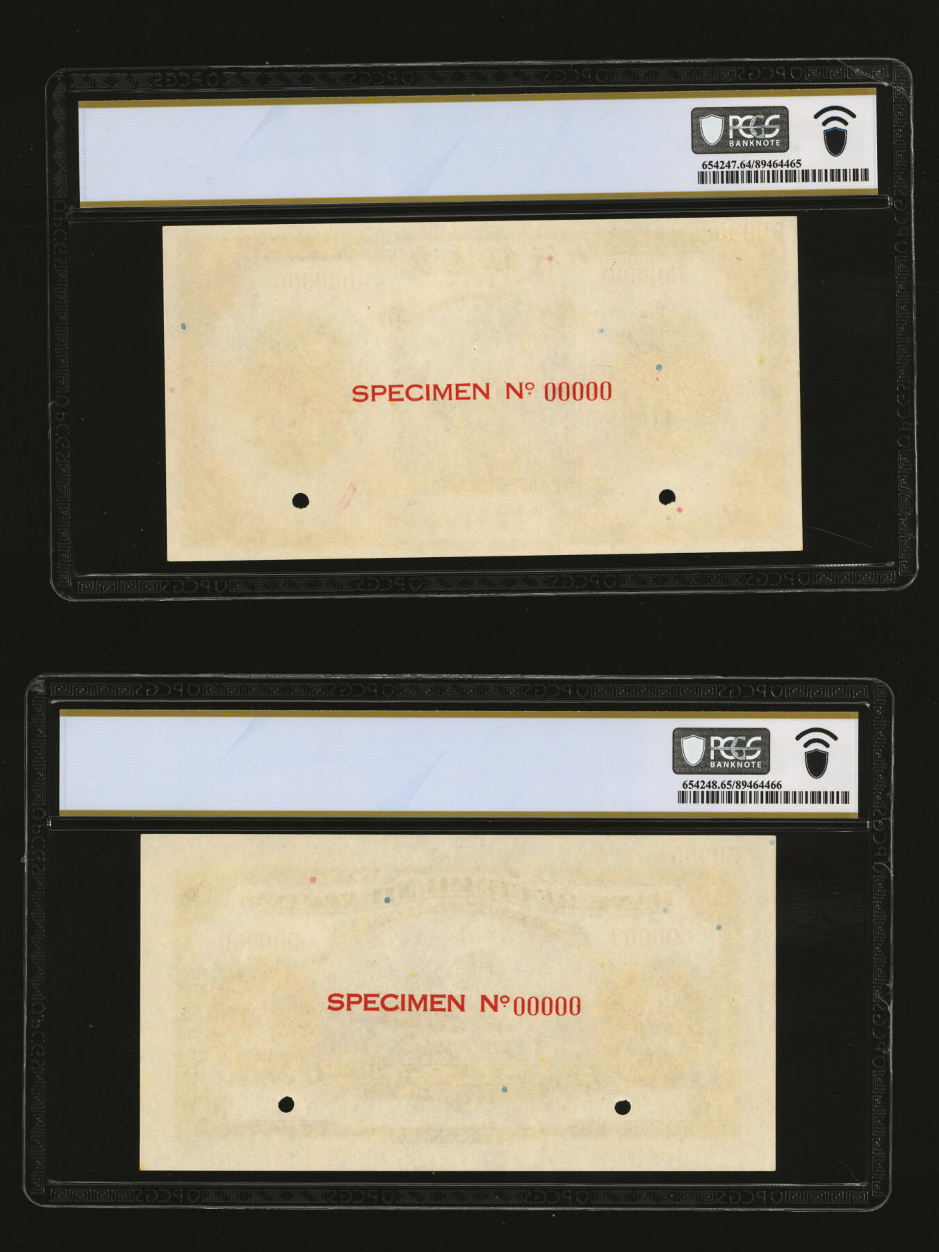 泓盛2025年秋季拍卖会 纸币 民国三年（1914年）交通银行紫色壹圆样本券，五版改色通用券，双张式正背共2枚，6位数号码，带版号，纸张硬挺厚实，纹理清晰，凹凸强烈，色彩浓郁醇厚，全新（为数寥寥之亚军分与季军分，PCGS-64、65PPQ/89464465、66）