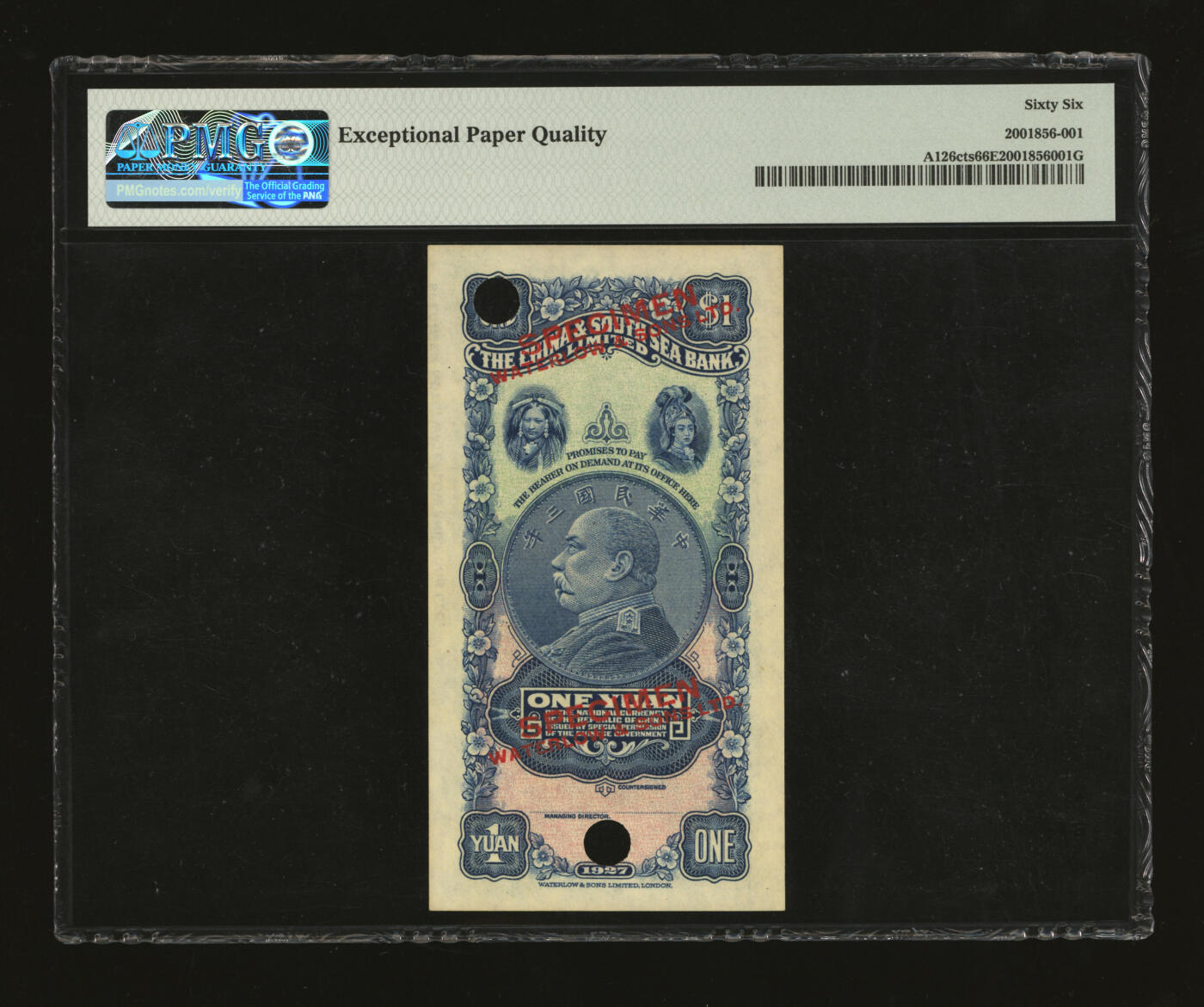 泓盛2025年秋季拍卖会 纸币 民国十六年（1927年）中南银行五女图壹圆试色样本券，单张正背面绿/蓝色印刷，上印“英国伦敦华德路印钞公司”版铭，中国商业银行纸币之珍罕名品；纸张硬挺，雕刻版纹理清晰，凹凸明显，色彩浓郁醇厚，全新（唯一冠军分，PMG-66EPQ/2001856-001）