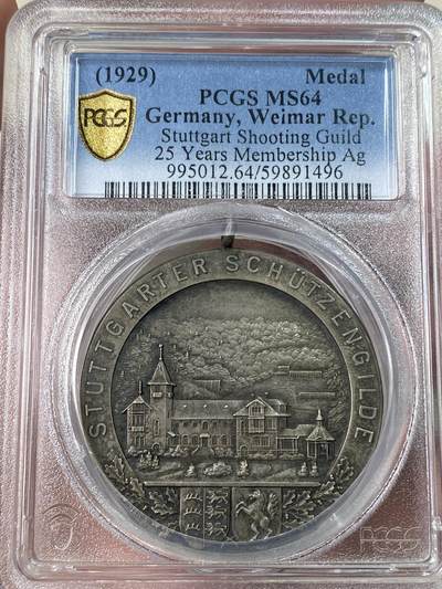 万国钱币拍卖第053期【万国秋季大拍上●周五周六两场连拍】 - PCGS MS64 1929年德国符腾堡斯图加特射击节25周年纪念大银章 完美天鹅绒欧陆百年老彩 带着时光洗礼的银光非常养眼