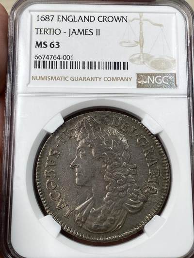 万国钱币拍卖第053期【万国秋季大拍上●周五周六两场连拍】 - NGC MS63 1687年英国詹姆斯二世克朗大银 斯图亚特王朝复辟后第二位国王 全深打无减重痕非常难得 双面均匀一色的英式乌云包浆 对于一枚17世纪的英国克朗来说已是顶级典藏品质