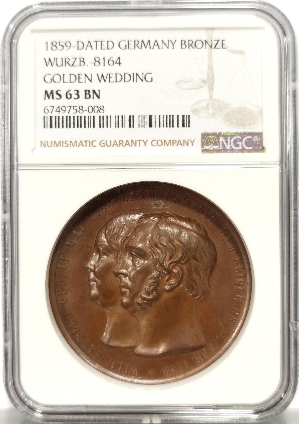 博洋堂世界钱币拍卖第143期（全场包邮） NGC MS63 德国1859年沃尔兹堡金婚纪念大铜章，反面城堡景观无与伦比的美！早期原铸高浮雕，艺术品价值拉满！