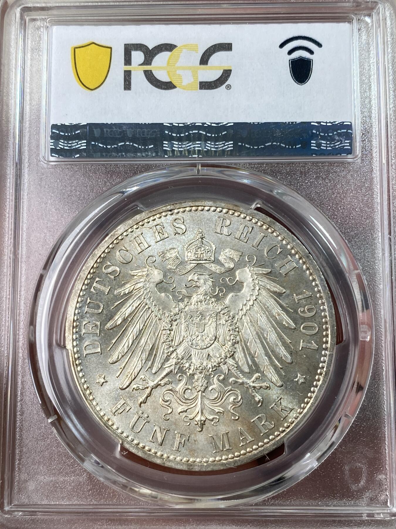万国钱币拍卖第053期【万国秋季大拍上●周五周六两场连拍】 PCGS MS65 1901年德国普鲁士建国200周年长翅5马克 普鲁士经典品种 淡彩银霜转光顶级视觉享受