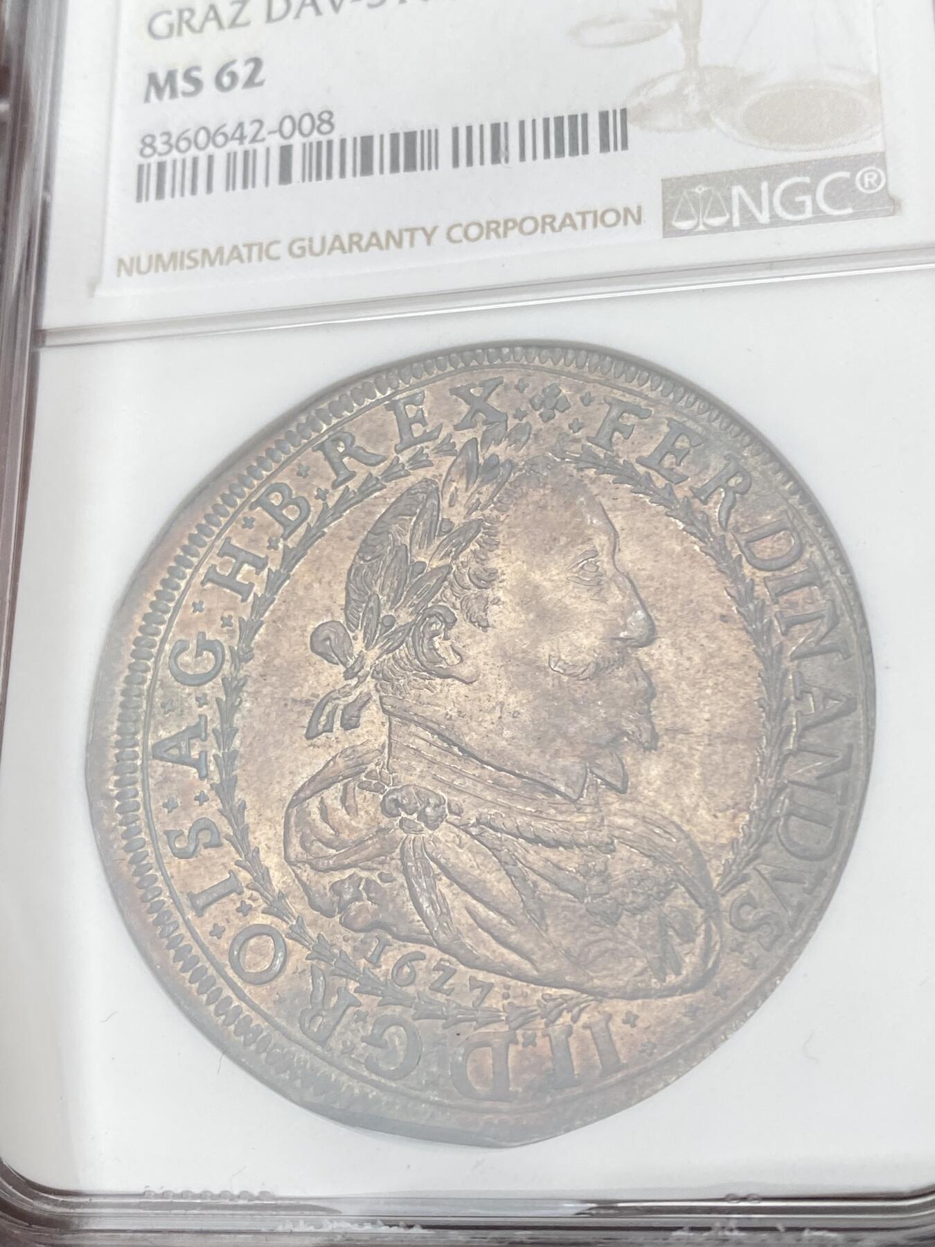 万国钱币拍卖第053期【万国秋季大拍上●周五周六两场连拍】 NGC MS62 1627年神圣罗马帝国费迪南德二世纹章大泰勒 近400年历史的神罗大银 醇厚均匀香槟色包浆极致美丽 全深打顶级状态