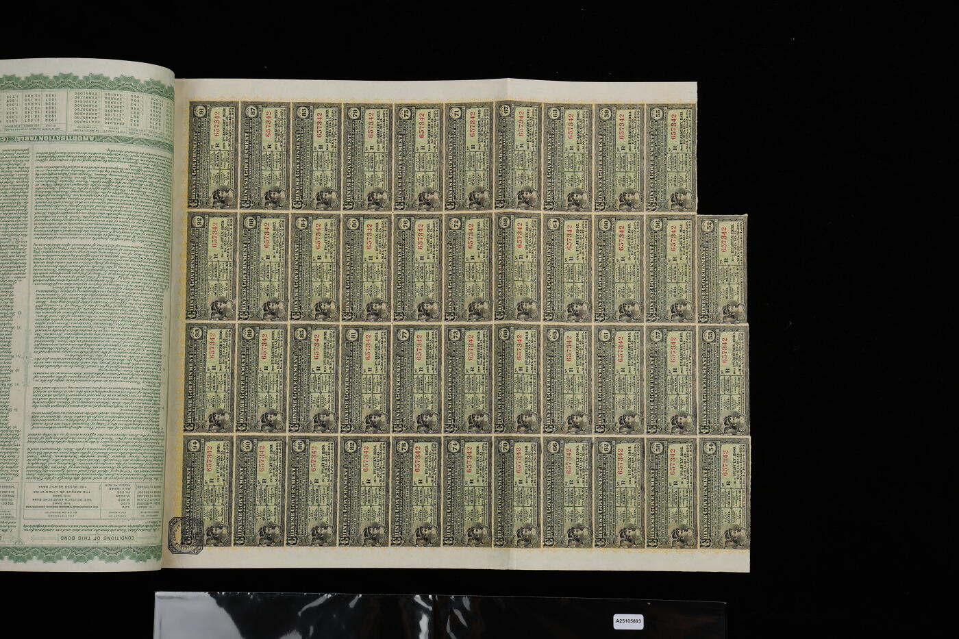 泓盛2025年秋季拍卖会 纸币 1913年中华民国政府五国银行团善后大借款公债绿色189.4卢布，由华俄道胜银行发行（俄罗斯换发版），右上角盖英文红色印章1枚，由北洋政府总理兼财政总长熊希龄、驻俄公使刘镜人签署；保存完好，八成新