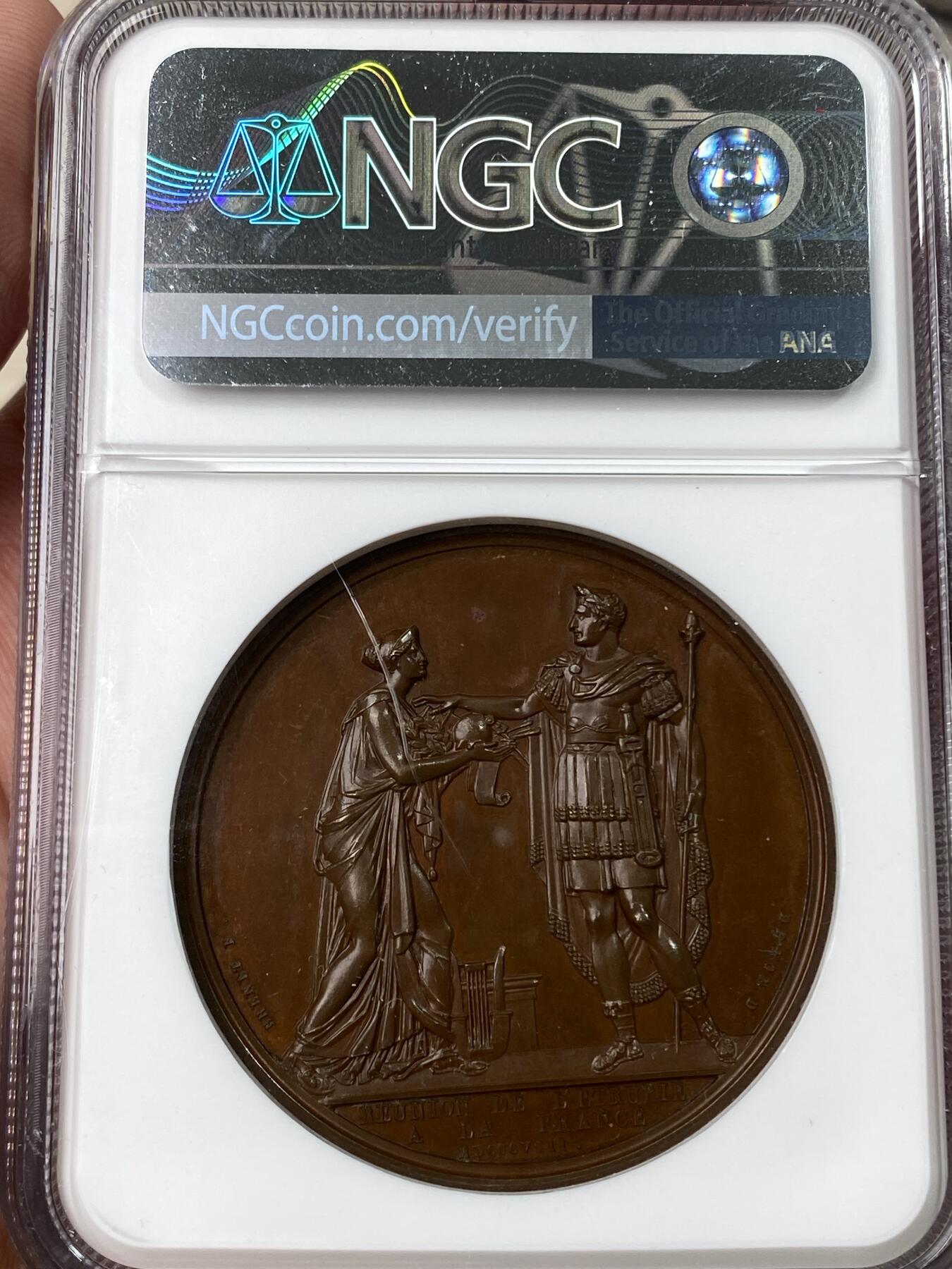 万国钱币拍卖第053期【万国秋季大拍下●周五周六两场连拍】 NGC MS65 1808年法国拿破仑一世吞并伊特鲁里亚纪念大铜章 红铜光BU原铸收藏级（盒子背面有划痕）