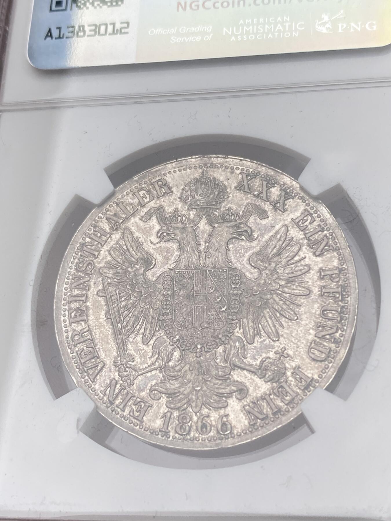 万国钱币拍卖第053期【万国秋季大拍下●周五周六两场连拍】 NGC MS61 1866年奥地利弗朗茨一世双头鹰流通1泰勒 维也纳货币协议的产物 与常见德国联合泰勒形制一般无二  欧陆原味包浆