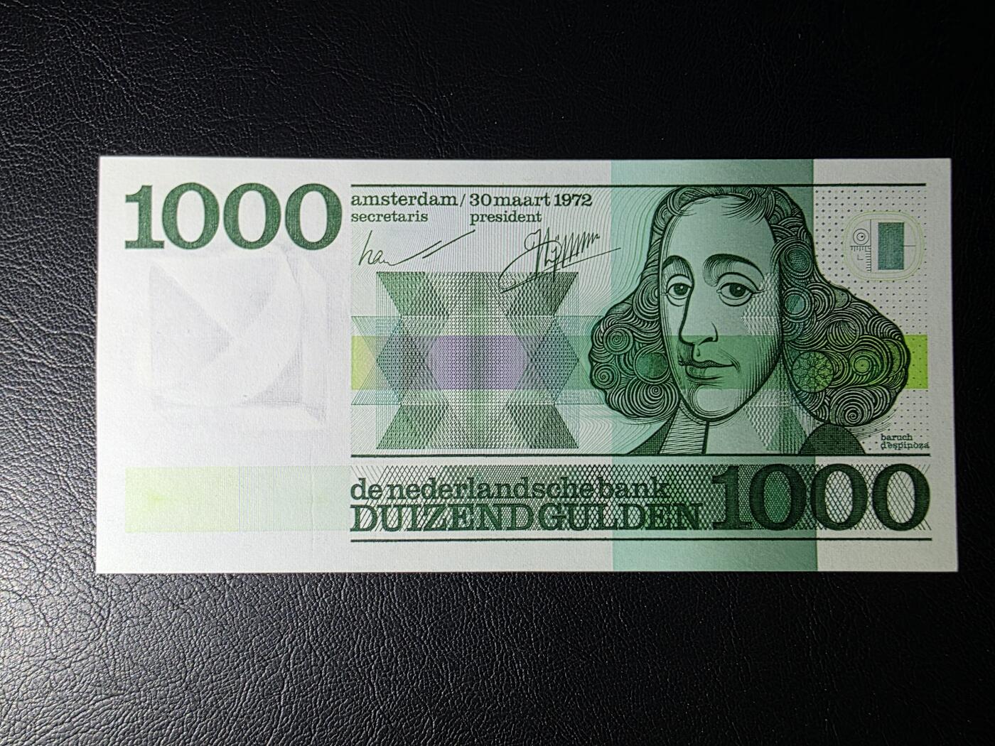 叁拾收藏第32期 荷兰1972年1000盾（斯宾诺莎）  UNC（有潮斑）