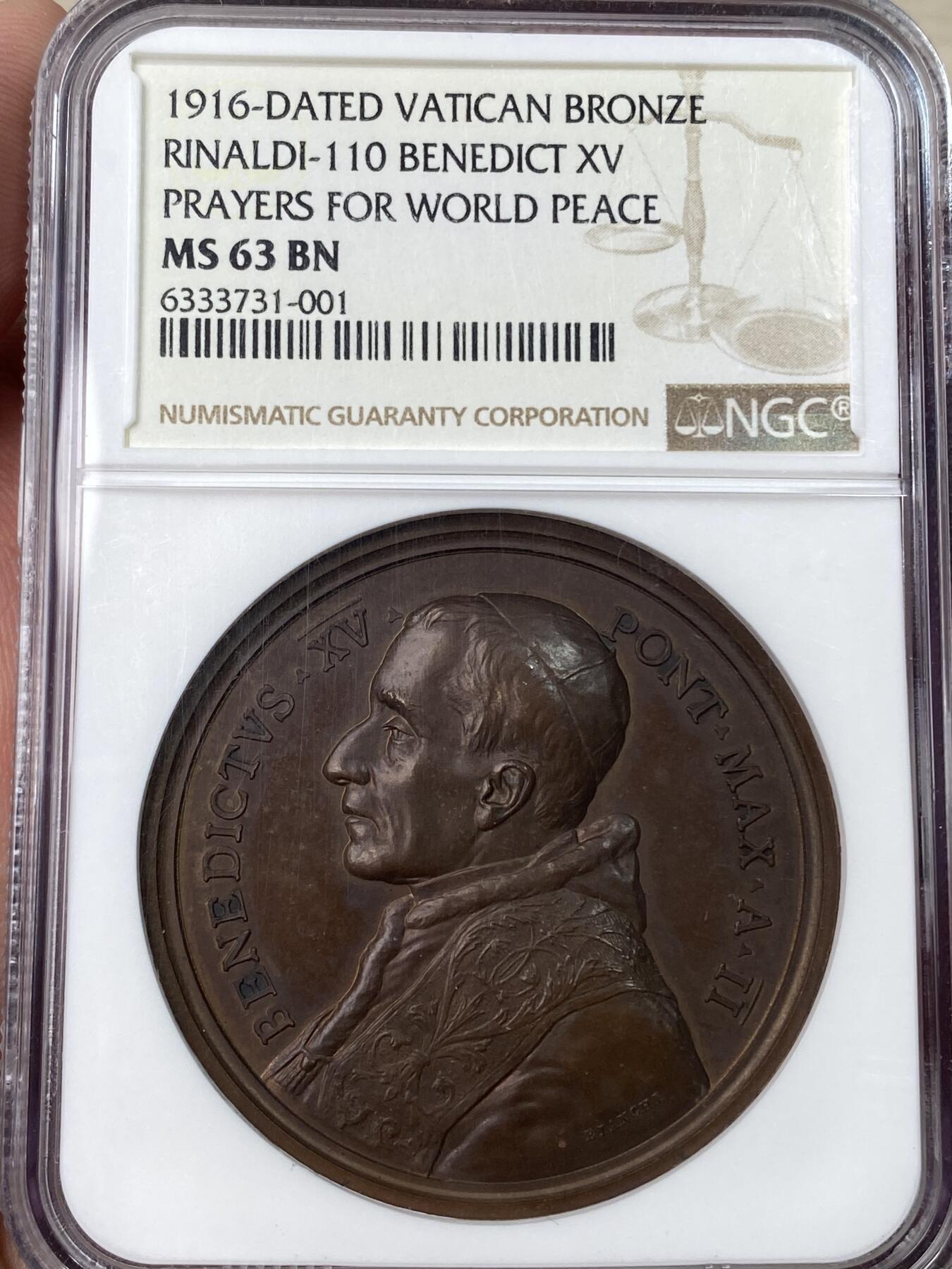 万国钱币拍卖第053期【万国秋季大拍上●周五周六两场连拍】 NGC MS63 1916年梵蒂冈教皇国本笃十五世为世界和平祈祷纪念大铜章 高浮雕精美