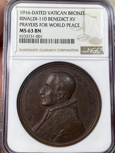 万国钱币拍卖第053期【万国秋季大拍上●周五周六两场连拍】 - NGC MS63 1916年梵蒂冈教皇国本笃十五世为世界和平祈祷纪念大铜章 高浮雕精美