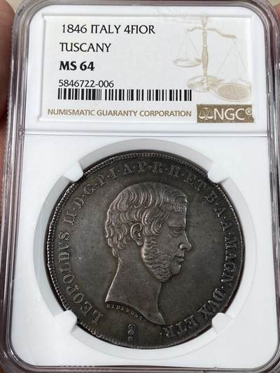 万国钱币拍卖第053期（万国秋季大拍●上） - NGC MS64 1846年意大利托斯卡纳利奥波德二世4菲奥里尼大银 醇厚欧陆酱五彩 全深打顶级状态
