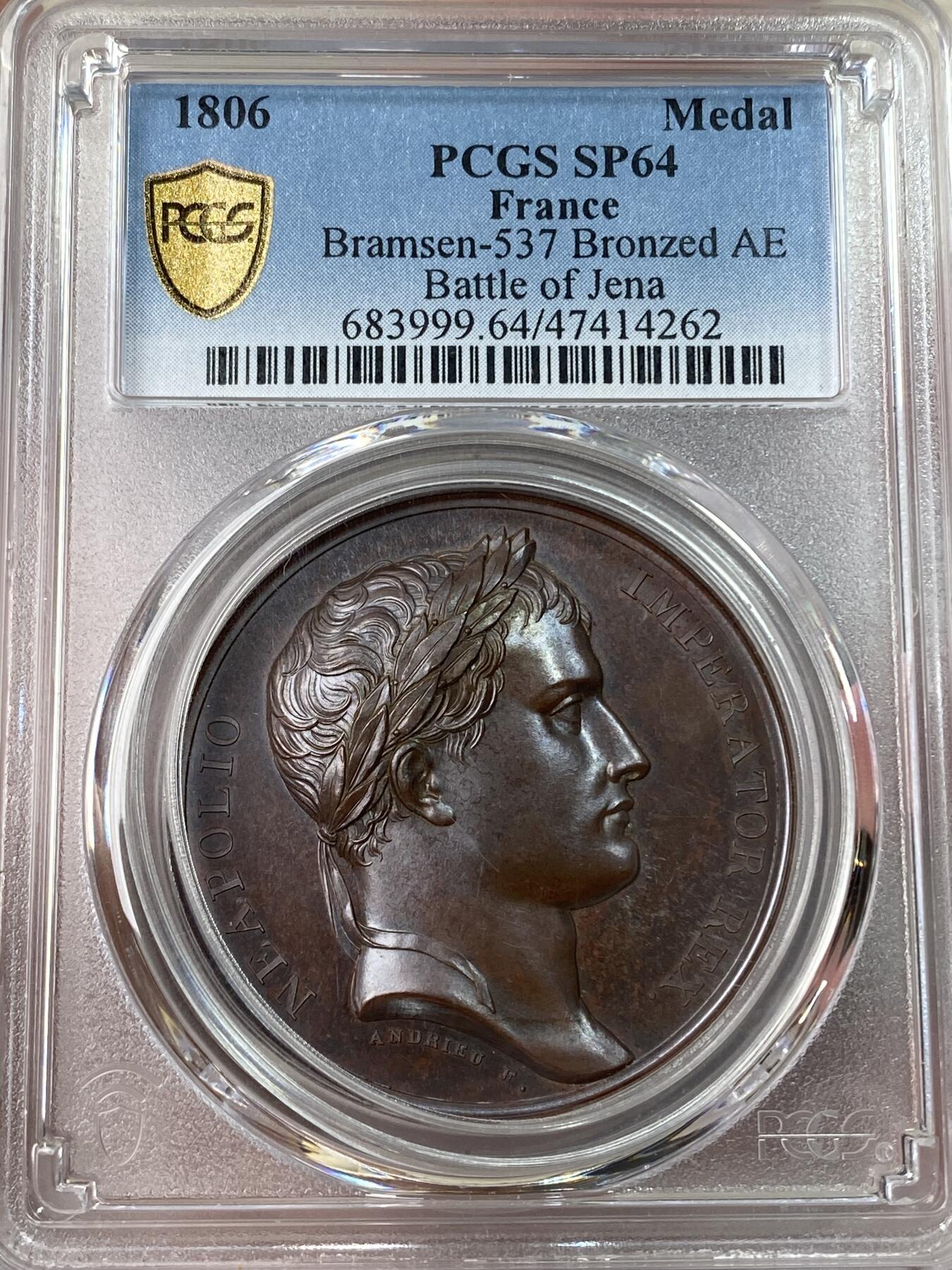 万国钱币拍卖第053期【万国秋季大拍上●周五周六两场连拍】 PCGS SP64 1806年法国拿破仑一世耶拿战役胜利纪念大铜章 巴黎造币厂铸 朱砂色原铜光原铸