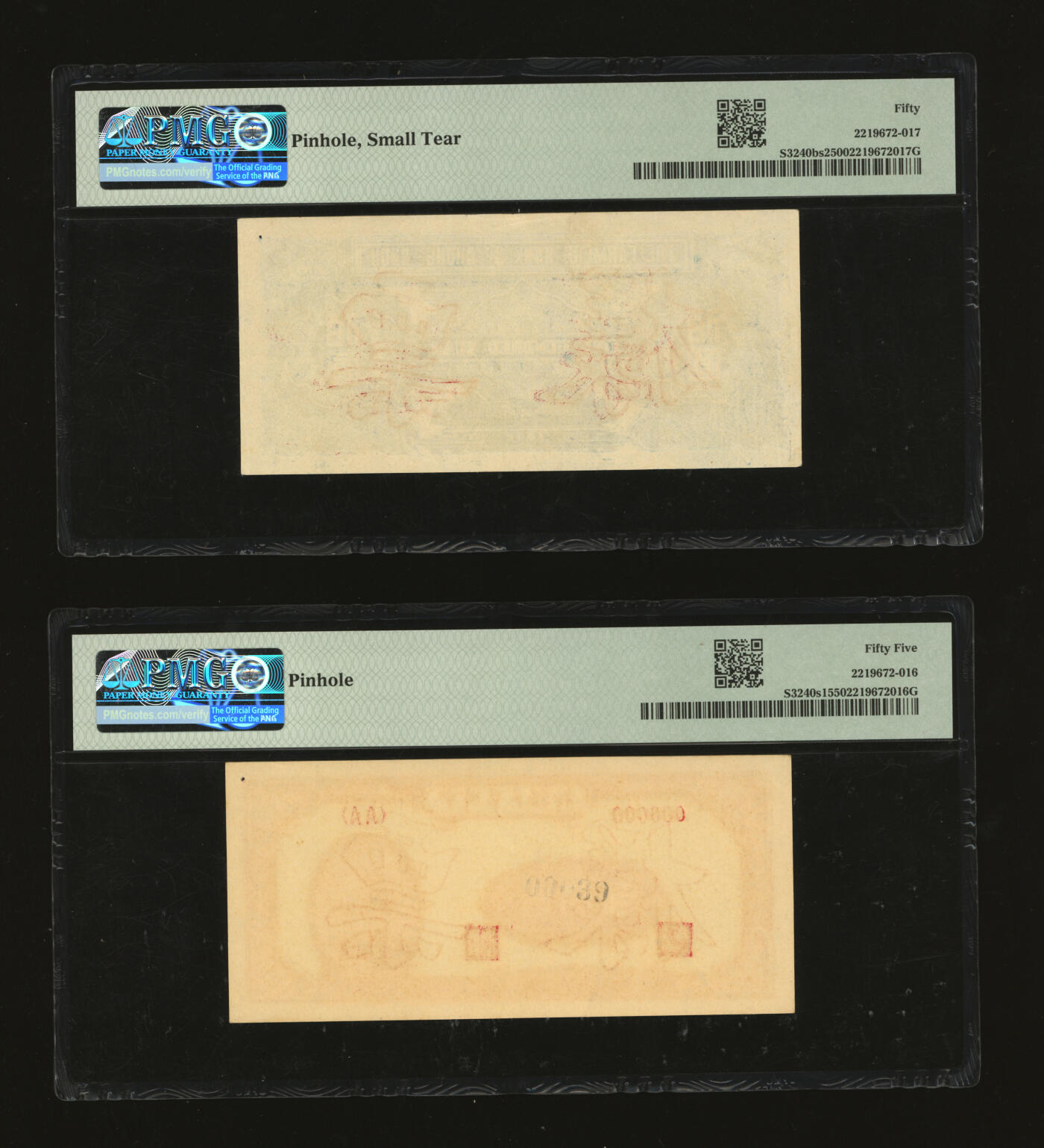 泓盛2025年秋季拍卖会 纸币 民国三十七年（1948年）中州农民银行壹佰圆票样，正背共2枚，纸张白净硬挺，纹理清晰，凹凸强烈，色彩浓郁醇厚，原汁原味，有一处针孔，八五至九五成新（PMG-55、50/2219672-016、017）