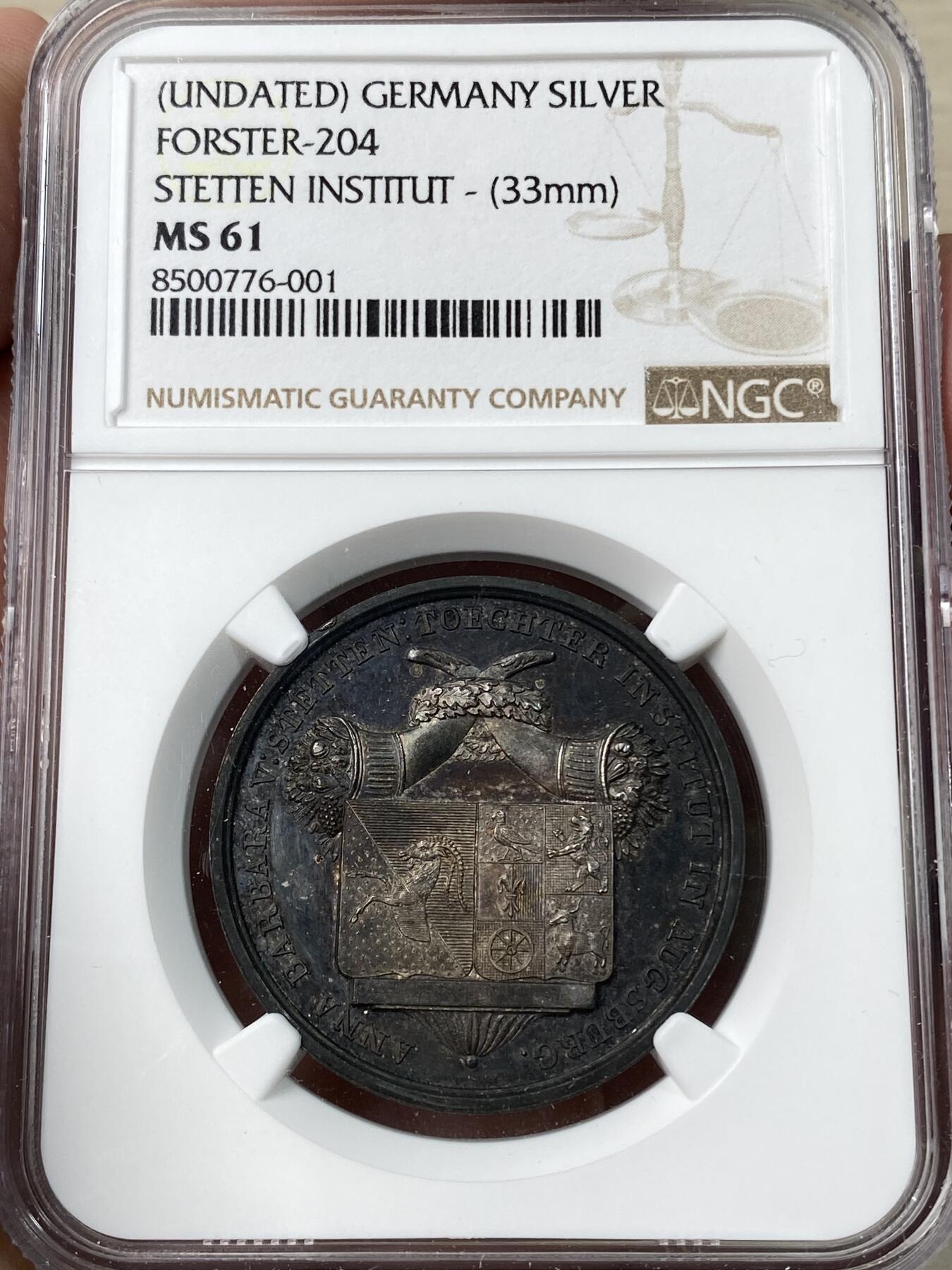 万国钱币拍卖第053期【万国秋季大拍下●周五周六两场连拍】 NGC MS61 1837年德国奥格斯堡女子学院“安娜·芭芭拉诉施泰滕”学校奖纪念银章 醇厚欧陆黑五彩极致美丽 33MM 15G