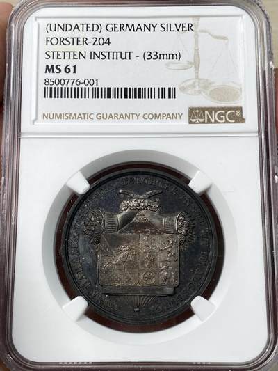 万国钱币拍卖第053期【万国秋季大拍下●周五周六两场连拍】 - NGC MS61 1837年德国奥格斯堡女子学院“安娜·芭芭拉诉施泰滕”学校奖纪念银章 醇厚欧陆黑五彩极致美丽 33MM 15G