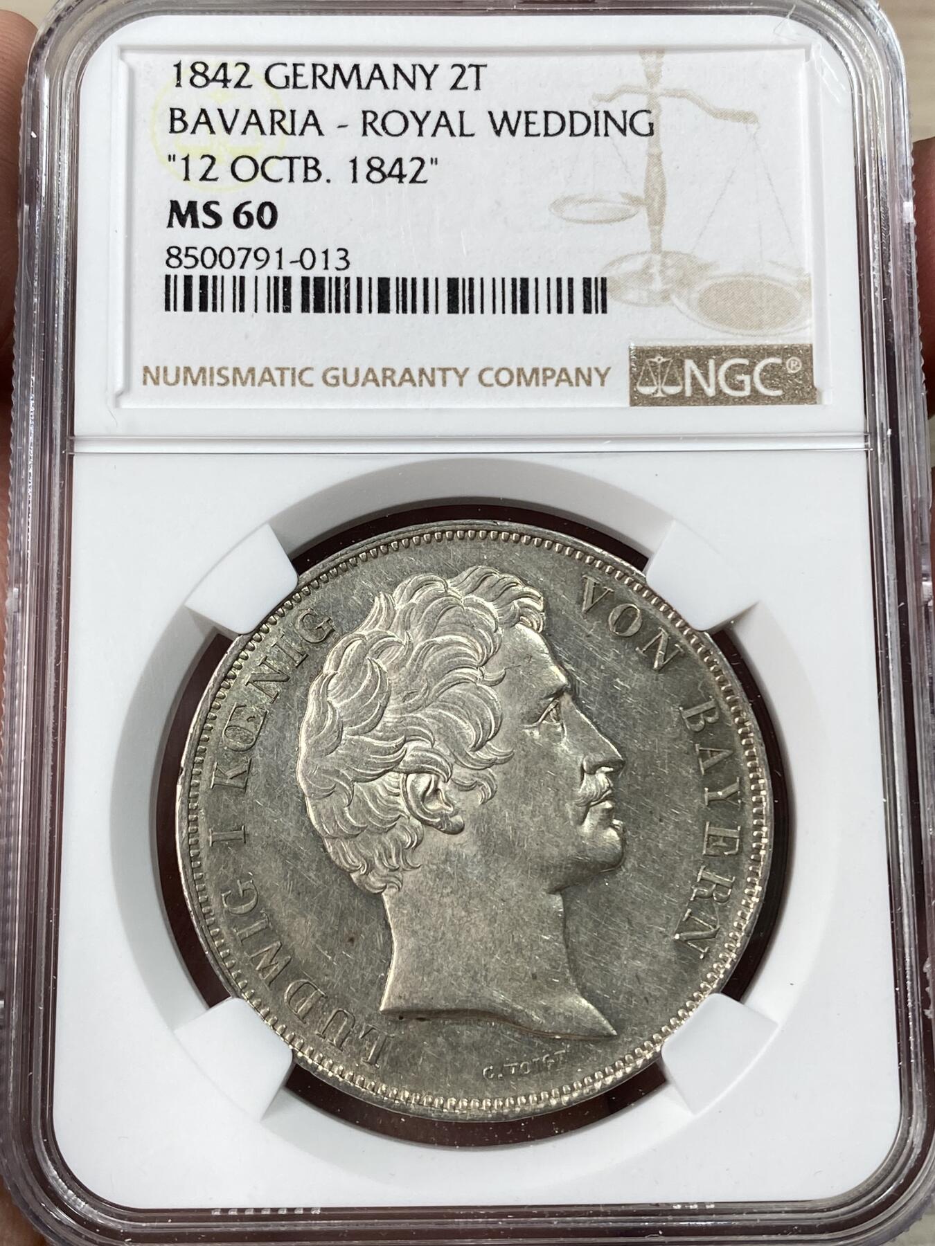 万国钱币拍卖第053期【万国秋季大拍下●周五周六两场连拍】 NGC MS60 1842年德国巴伐利亚路德维希一世皇太子大婚纪念历史2泰勒 经典历史泰勒系列 银霜淡包浆