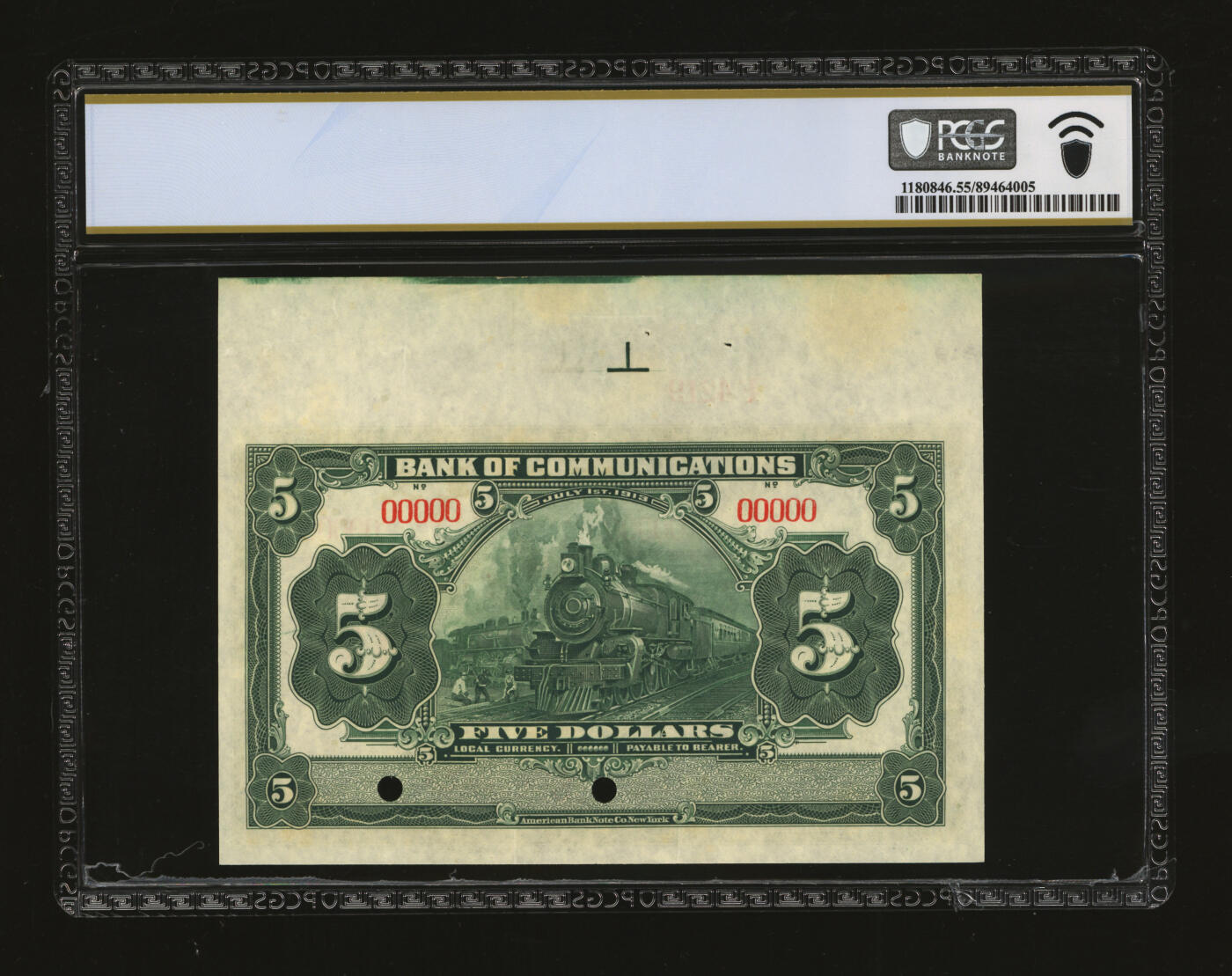 泓盛2025年秋季拍卖会 纸币 民国二年（1913年）交通银行伍圆样本券，5位数号码，带版铭，较少见，纸张白净硬挺，纹理清晰，凹凸强烈，色彩浓艳纯正，原汁原味，软折九成新（PCGS-55/89464005）