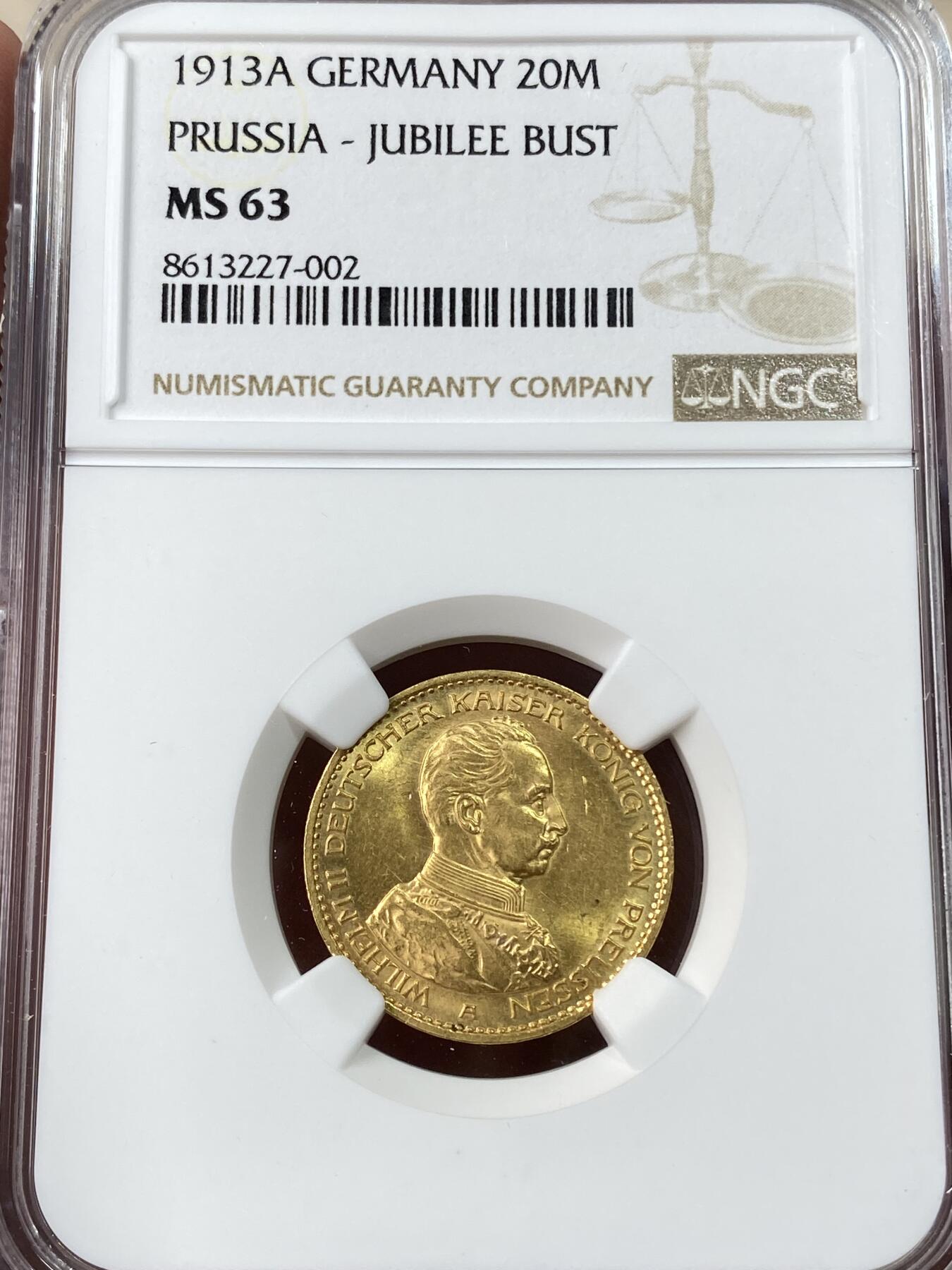 万国钱币拍卖第053期【万国秋季大拍下●周五周六两场连拍】 NGC MS63 1913年德国威廉二世军装版20马克金币 威廉二世军装强转光高品 7.96g 900金