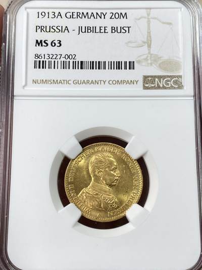 万国钱币拍卖第053期【万国秋季大拍下●周五周六两场连拍】 - NGC MS63 1913年德国威廉二世军装版20马克金币 威廉二世军装强转光高品 7.96g 900金