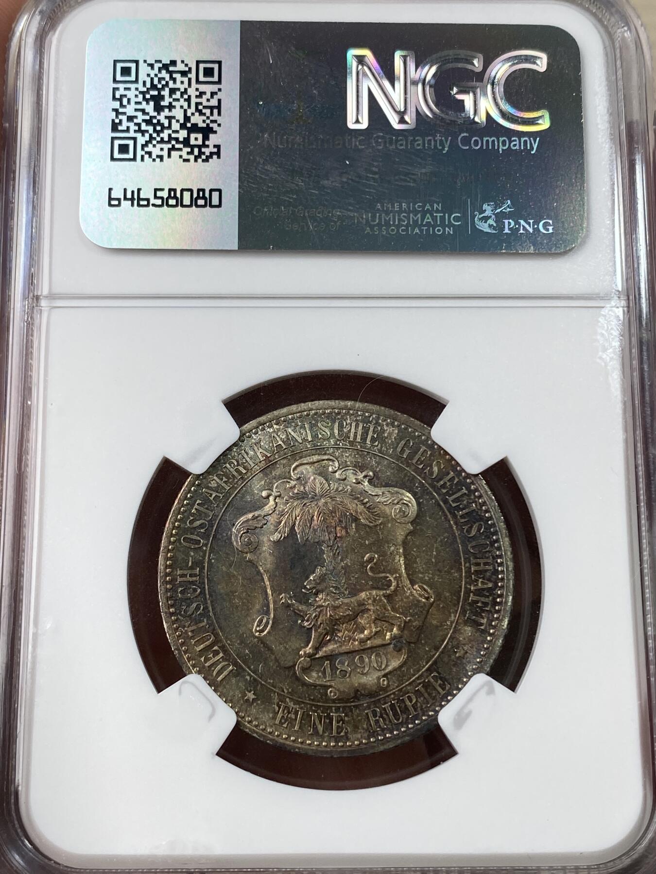 万国钱币拍卖第053期【万国秋季大拍下●周五周六两场连拍】 NGC MS65 1890年德属东非威廉二世军装1卢比 浓郁五彩顶级BU品质 永不换藏的天花板级别品相